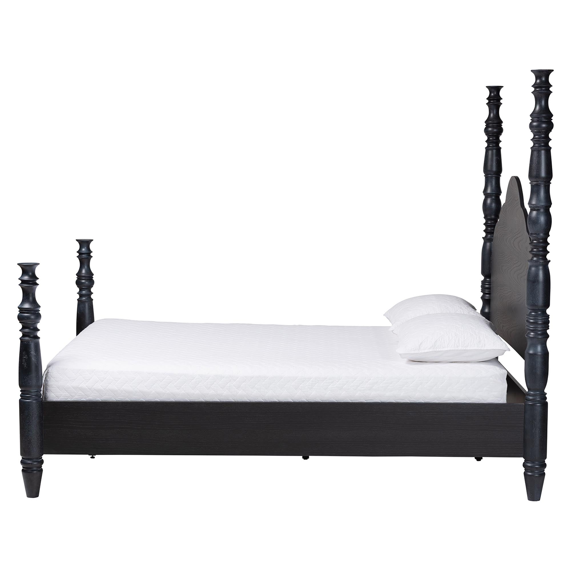 Martino Four-Poster Platform Bed - Sculpted Post Bed Frame with Panel Headboard, Vintage Spindle Bed, ,