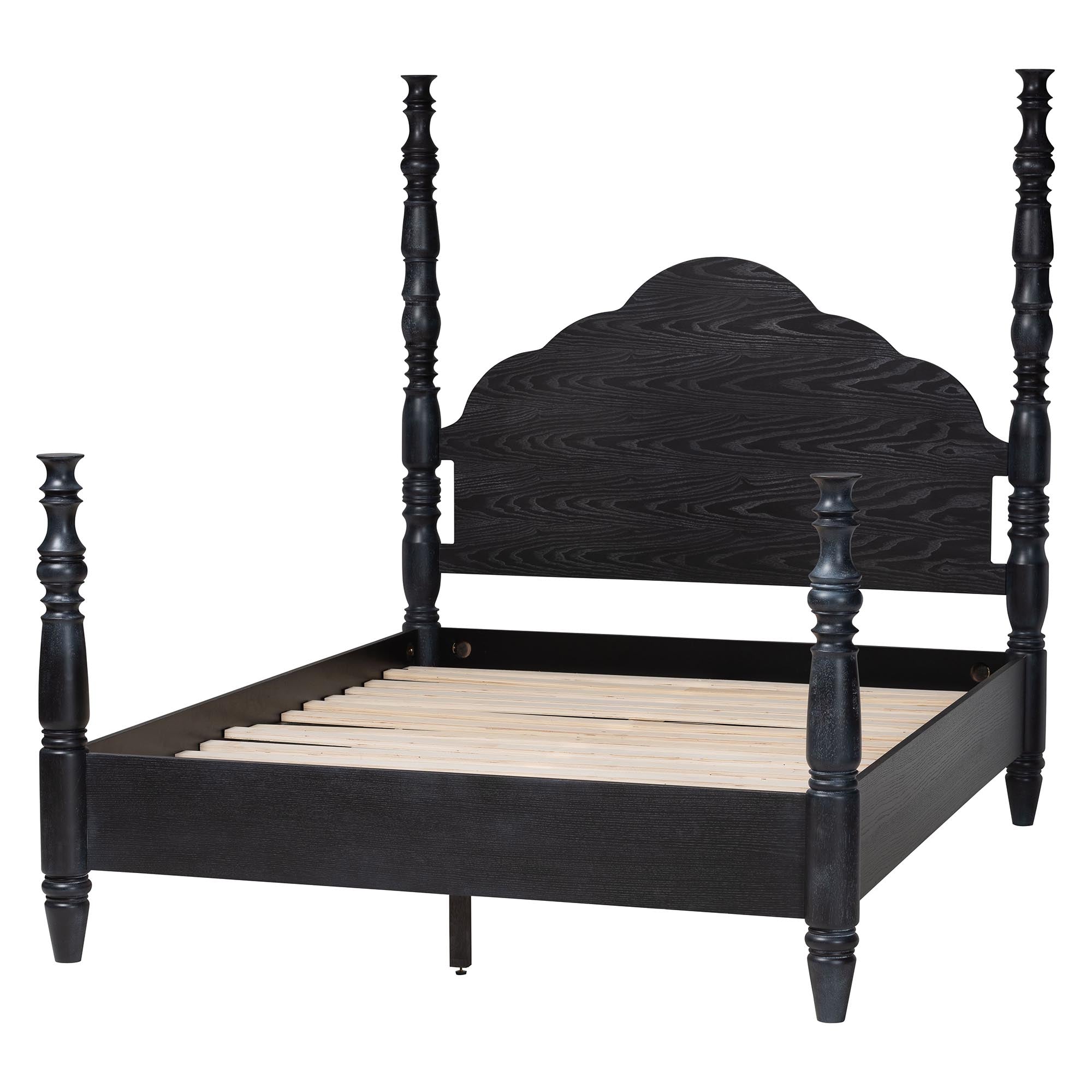Martino Four-Poster Platform Bed - Sculpted Post Bed Frame with Panel Headboard, Vintage Spindle Bed, ,