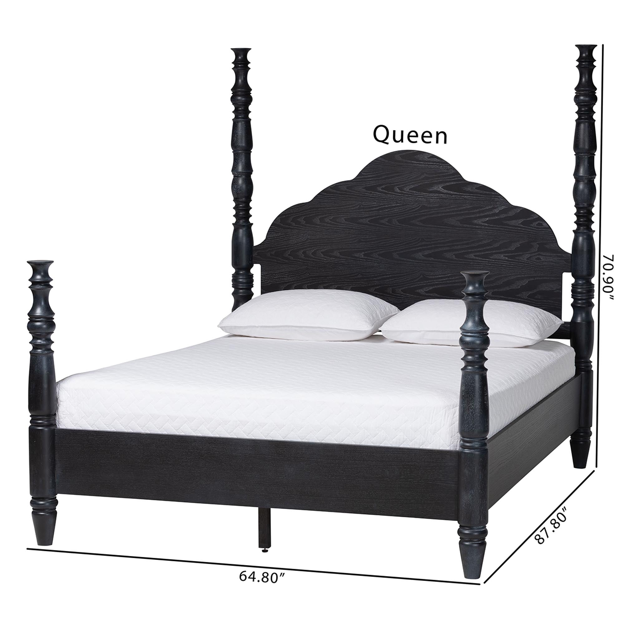 Martino Four-Poster Platform Bed - Sculpted Post Bed Frame with Panel Headboard, Vintage Spindle Bed, ,