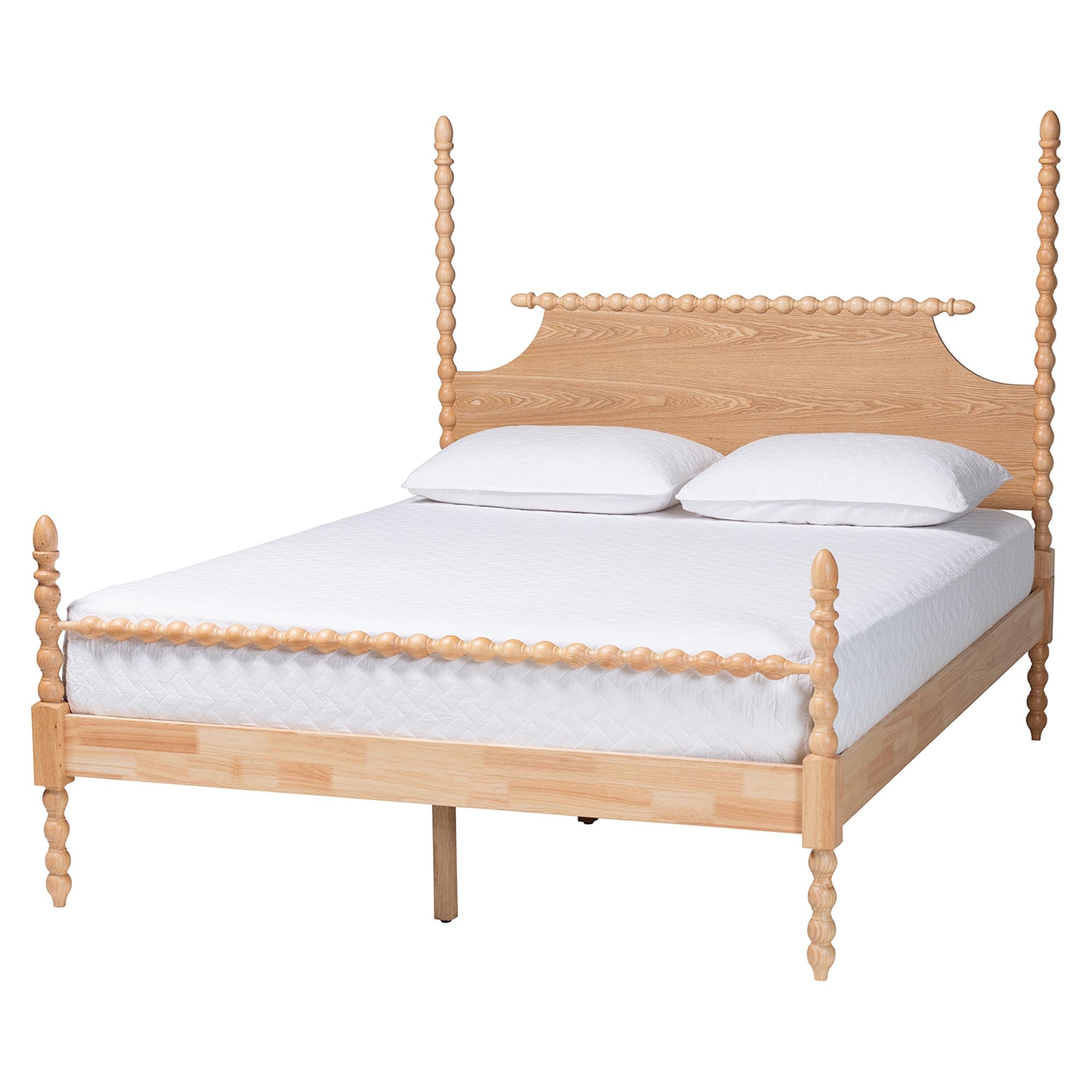 Caliana Bobbin Four-Poster Platform Bed - Wooden Bed Frame with Turned Spindle Posts and Panel Headboard, Vintage-Inspired Bedroom Furniture, ,