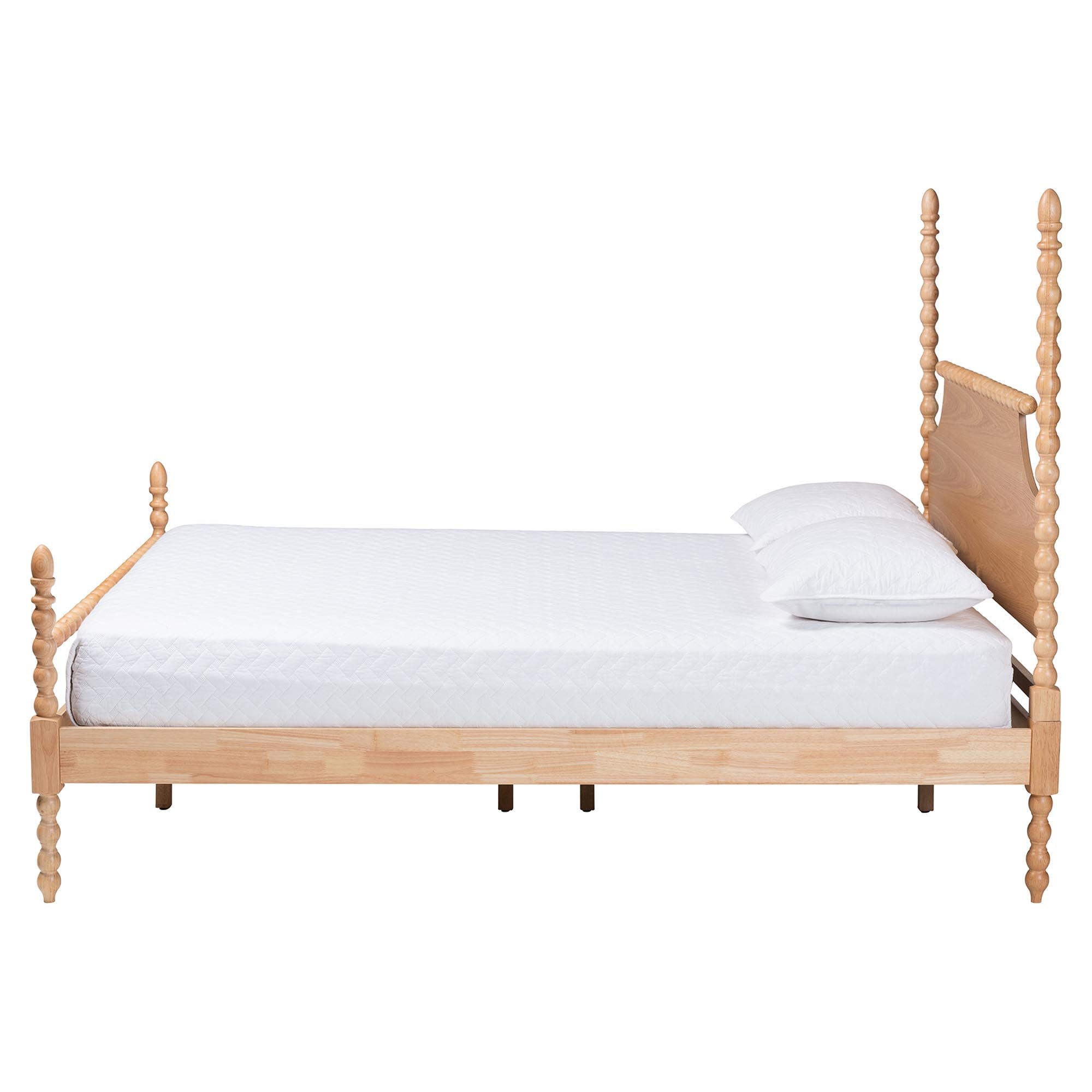 Caliana Bobbin Four-Poster Platform Bed - Wooden Bed Frame with Turned Spindle Posts and Panel Headboard, Vintage-Inspired Bedroom Furniture, ,