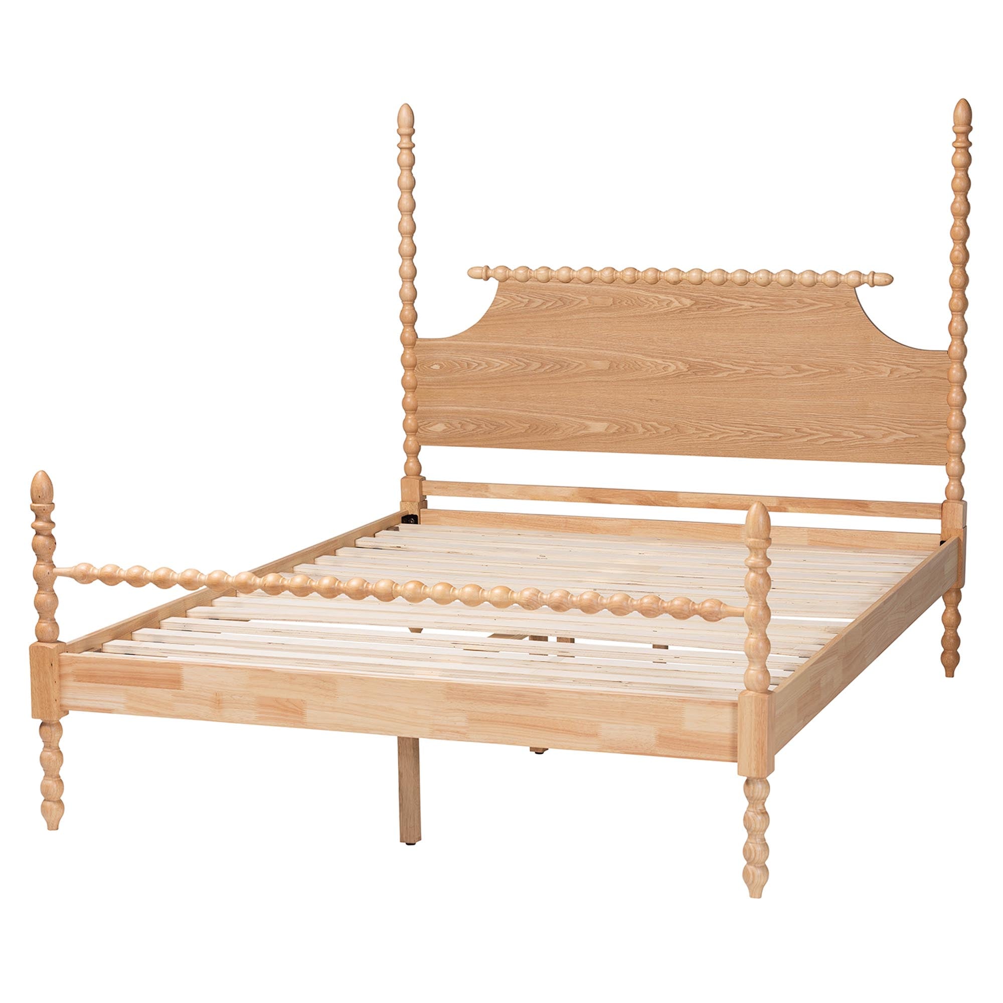 Caliana Bobbin Four-Poster Platform Bed - Wooden Bed Frame with Turned Spindle Posts and Panel Headboard, Vintage-Inspired Bedroom Furniture, ,