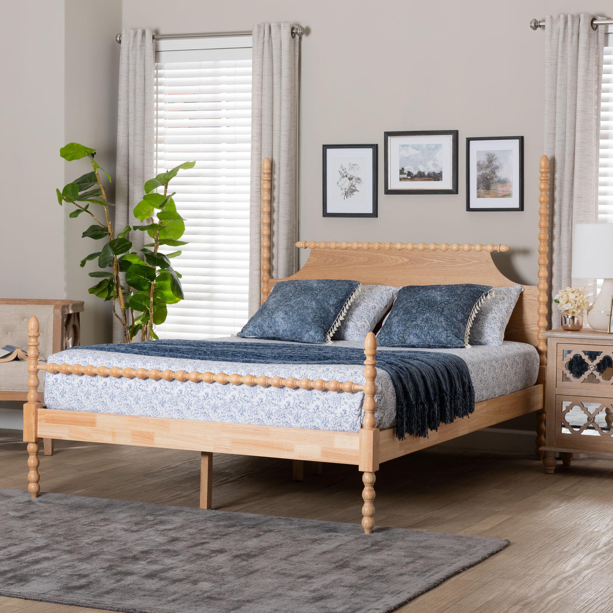 Caliana Bobbin Four-Poster Platform Bed - Wooden Bed Frame with Turned Spindle Posts and Panel Headboard, Vintage-Inspired Bedroom Furniture, ,