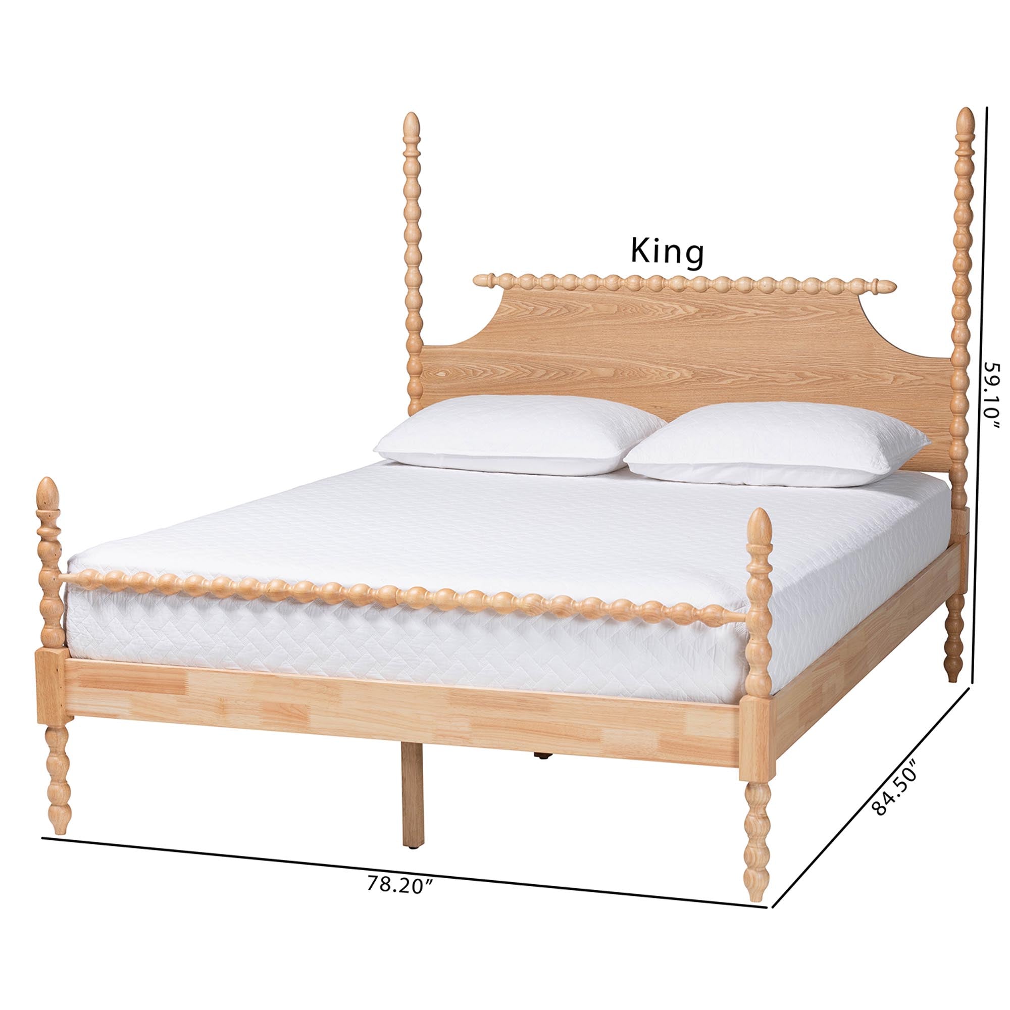 Caliana Bobbin Four-Poster Platform Bed - Wooden Bed Frame with Turned Spindle Posts and Panel Headboard, Vintage-Inspired Bedroom Furniture, ,