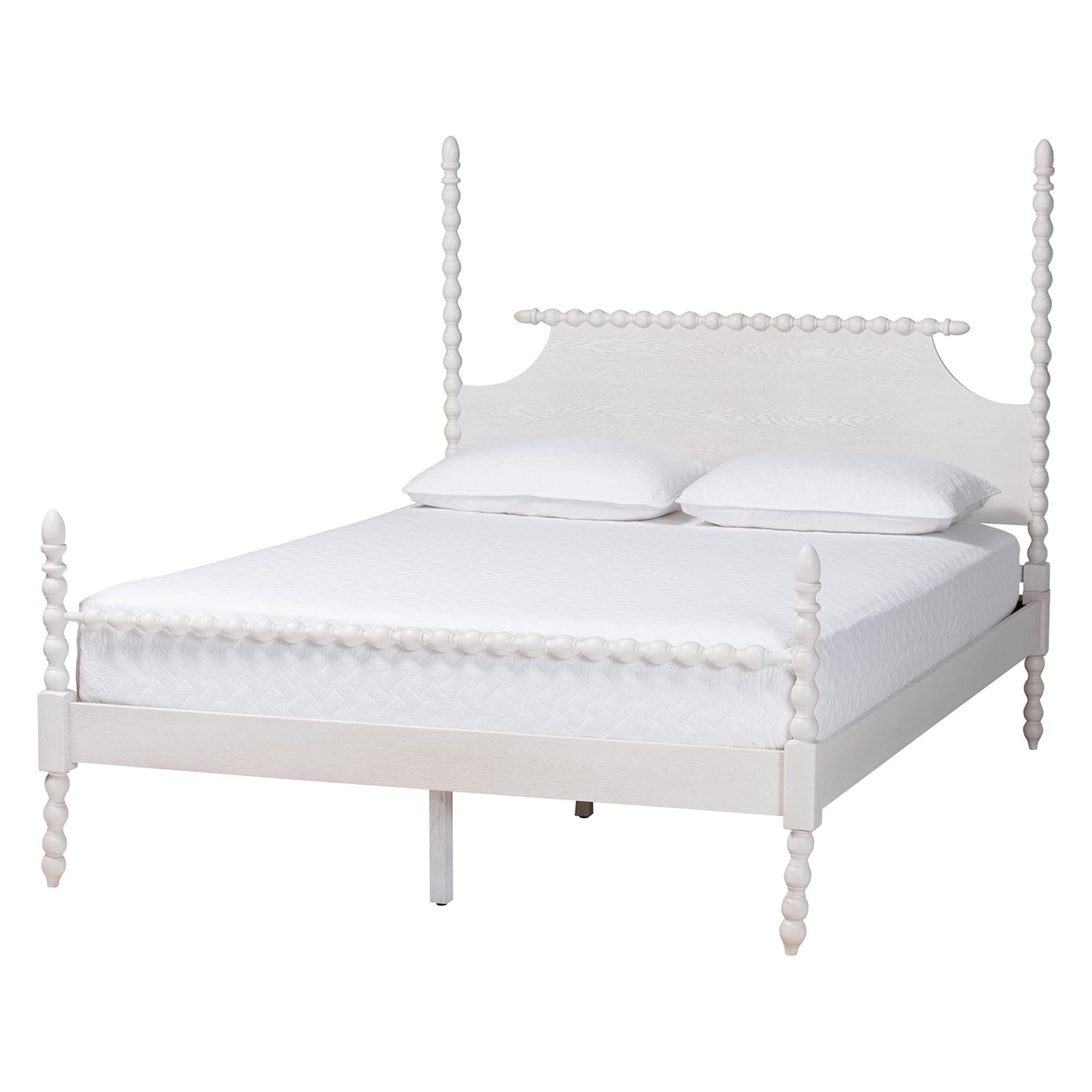 Caliana Bobbin Four-Poster Platform Bed - Wooden Bed Frame with Turned Spindle Posts and Panel Headboard, Vintage-Inspired Bedroom Furniture, ,