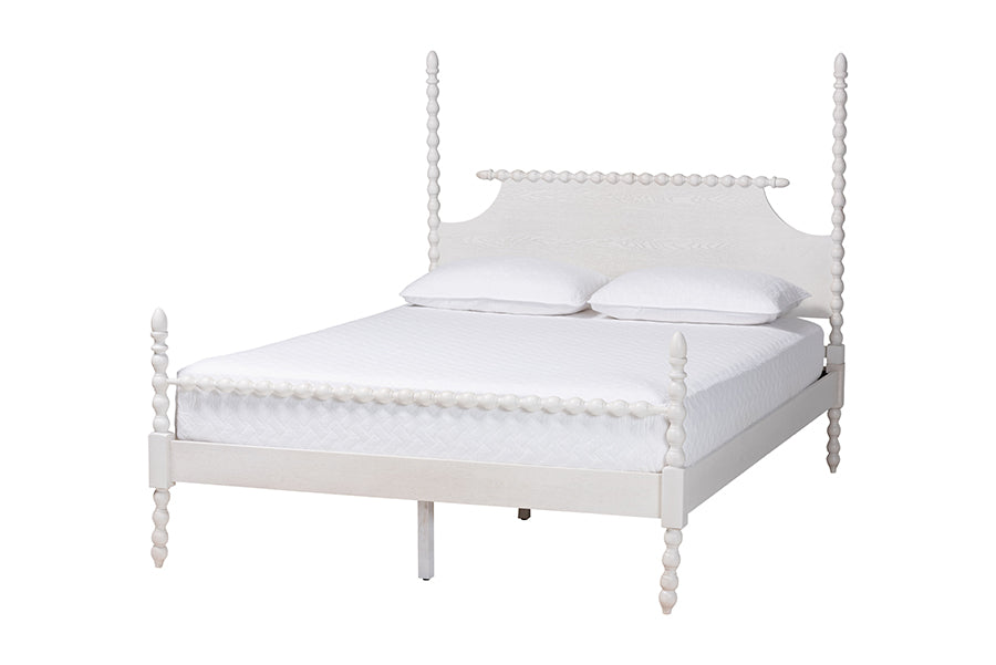 Caliana Bobbin Four-Poster Platform Bed - Wooden Bed Frame with Turned Spindle Posts and Panel Headboard, Vintage-Inspired Bedroom Furniture, ,