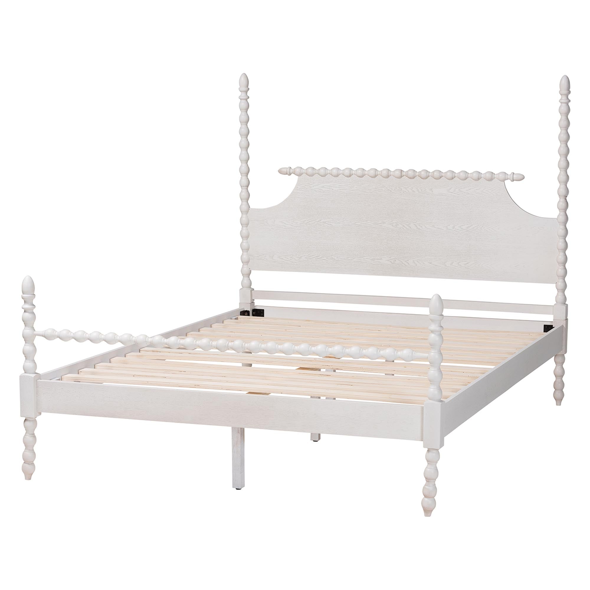 Caliana Bobbin Four-Poster Platform Bed - Wooden Bed Frame with Turned Spindle Posts and Panel Headboard, Vintage-Inspired Bedroom Furniture, ,