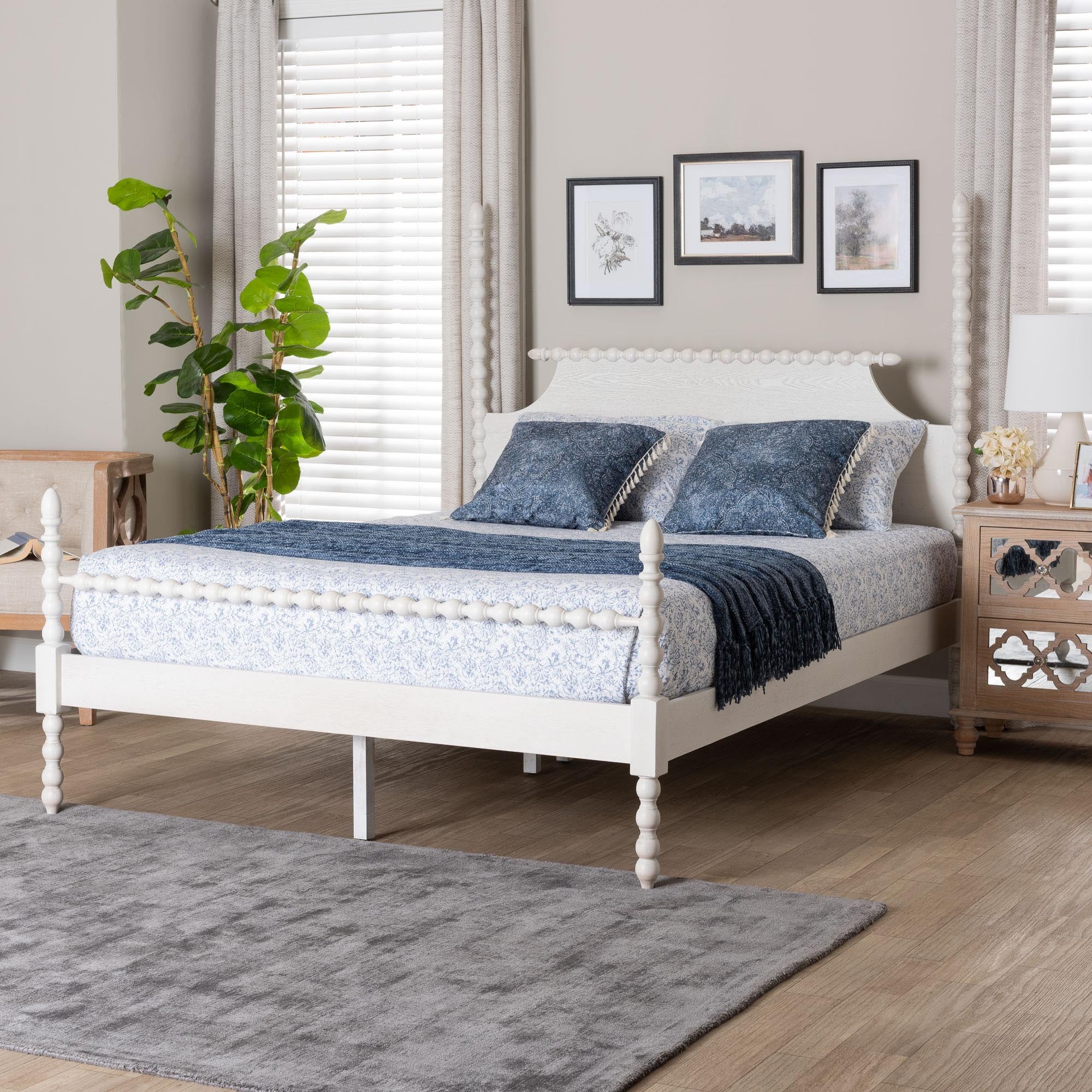 Caliana Bobbin Four-Poster Platform Bed - Wooden Bed Frame with Turned Spindle Posts and Panel Headboard, Vintage-Inspired Bedroom Furniture, ,