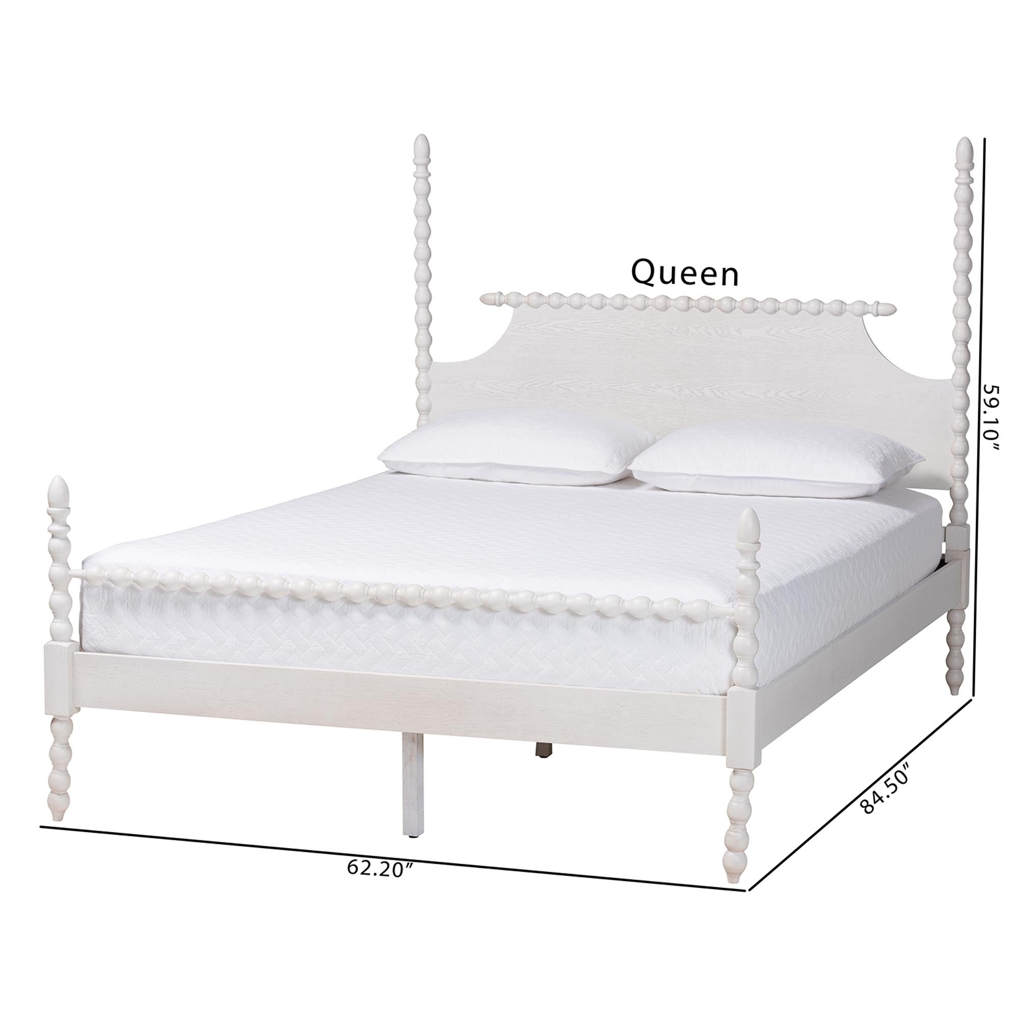 Caliana Bobbin Four-Poster Platform Bed - Wooden Bed Frame with Turned Spindle Posts and Panel Headboard, Vintage-Inspired Bedroom Furniture, ,