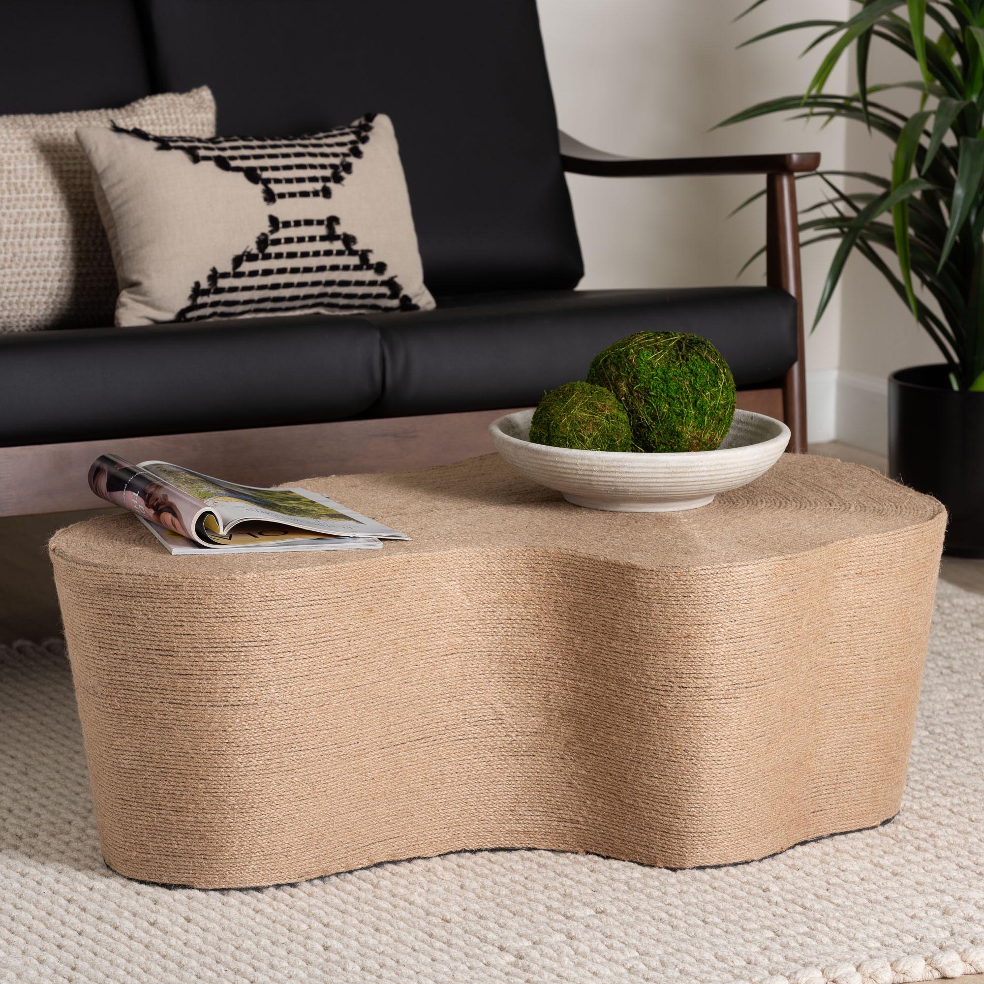 bali & pari Edna Jute Coffee Table - Textured Handwoven Irregular Shape Cocktail Table for Living Room or Lounge