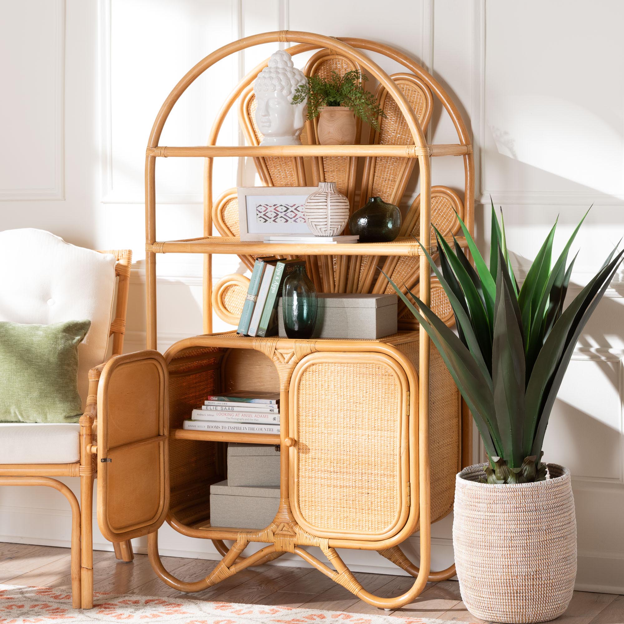 bali & pari Noreen Peacock Fan Rattan Cabinet - Handcrafted Rattan Pole Hutch with Woven Doors and Shelves, Boho Coastal Accent Shelving and Display Unit