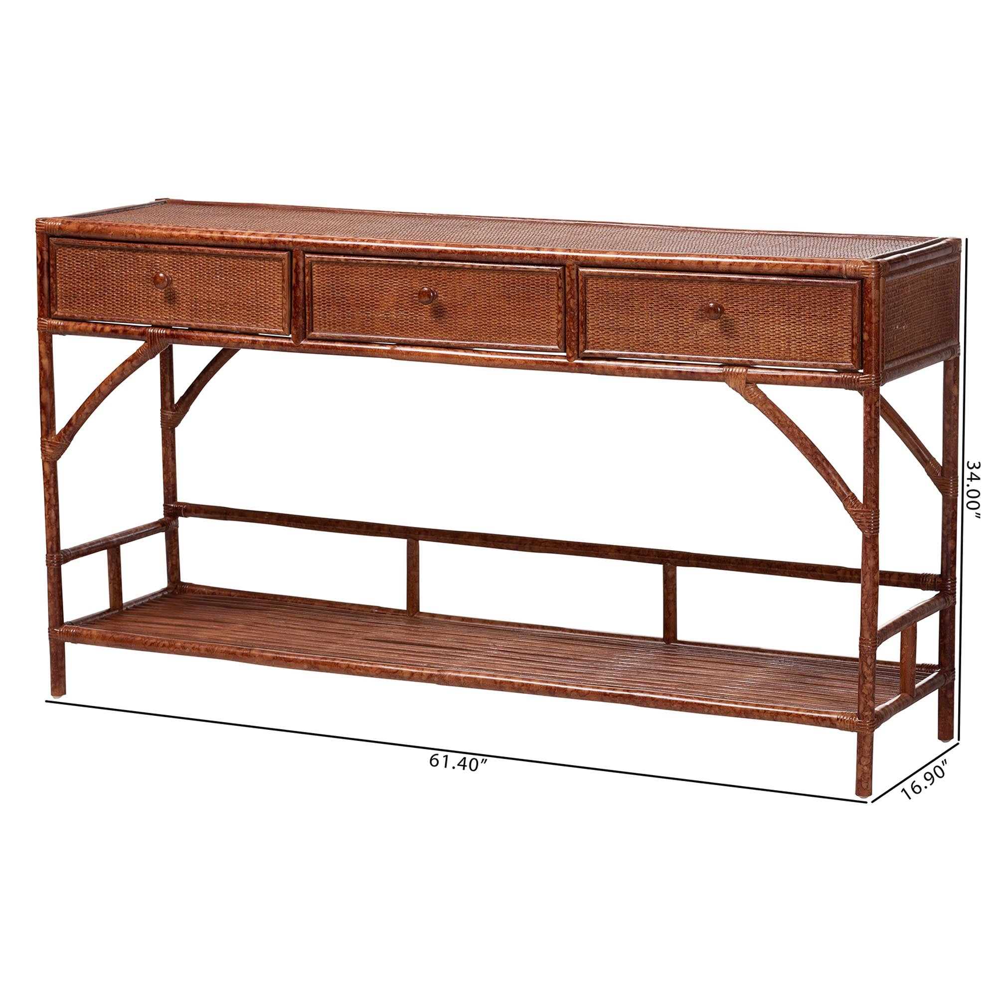 bali & pari Brier Marbled Tortoise Rattan Console Table - Handcrafted Accent Table with 3-Drawers and Lower Shelf, Coastal Boho Style for Entryway, Hallway, or Living Room