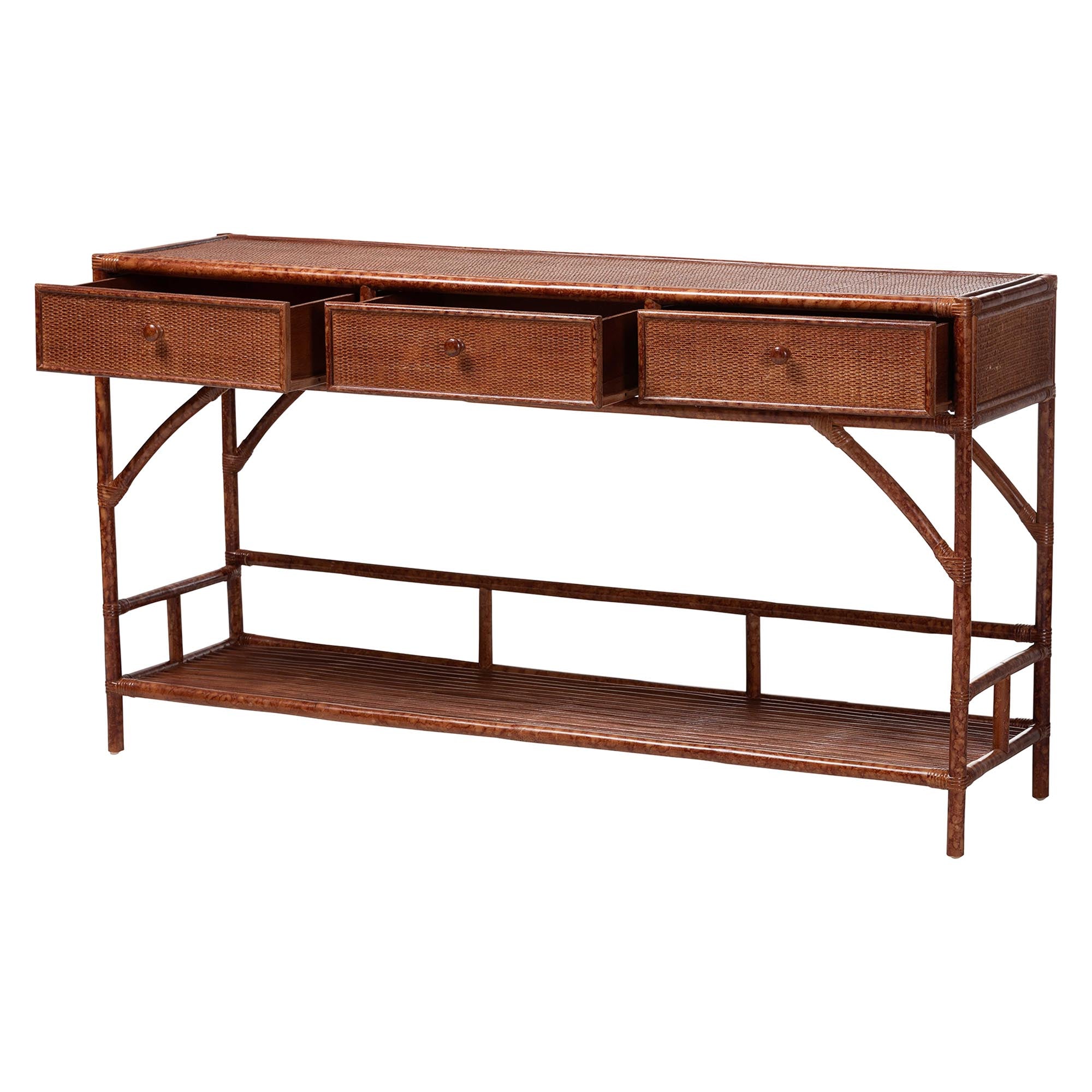 bali & pari Brier Marbled Tortoise Rattan Console Table - Handcrafted Accent Table with 3-Drawers and Lower Shelf, Coastal Boho Style for Entryway, Hallway, or Living Room