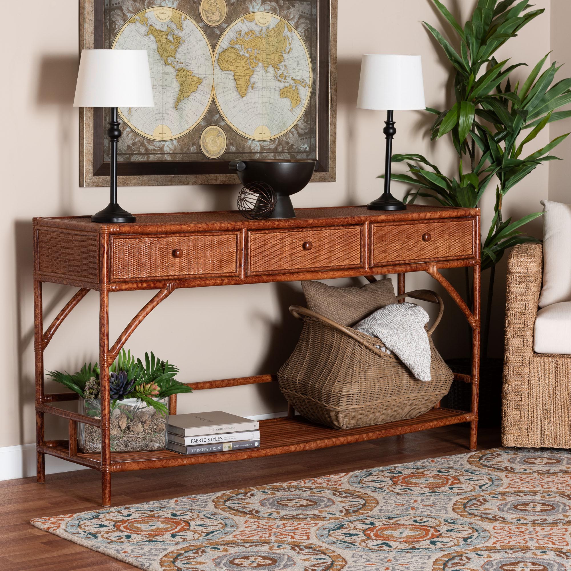 bali & pari Brier Marbled Tortoise Rattan Console Table - Handcrafted Accent Table with 3-Drawers and Lower Shelf, Coastal Boho Style for Entryway, Hallway, or Living Room