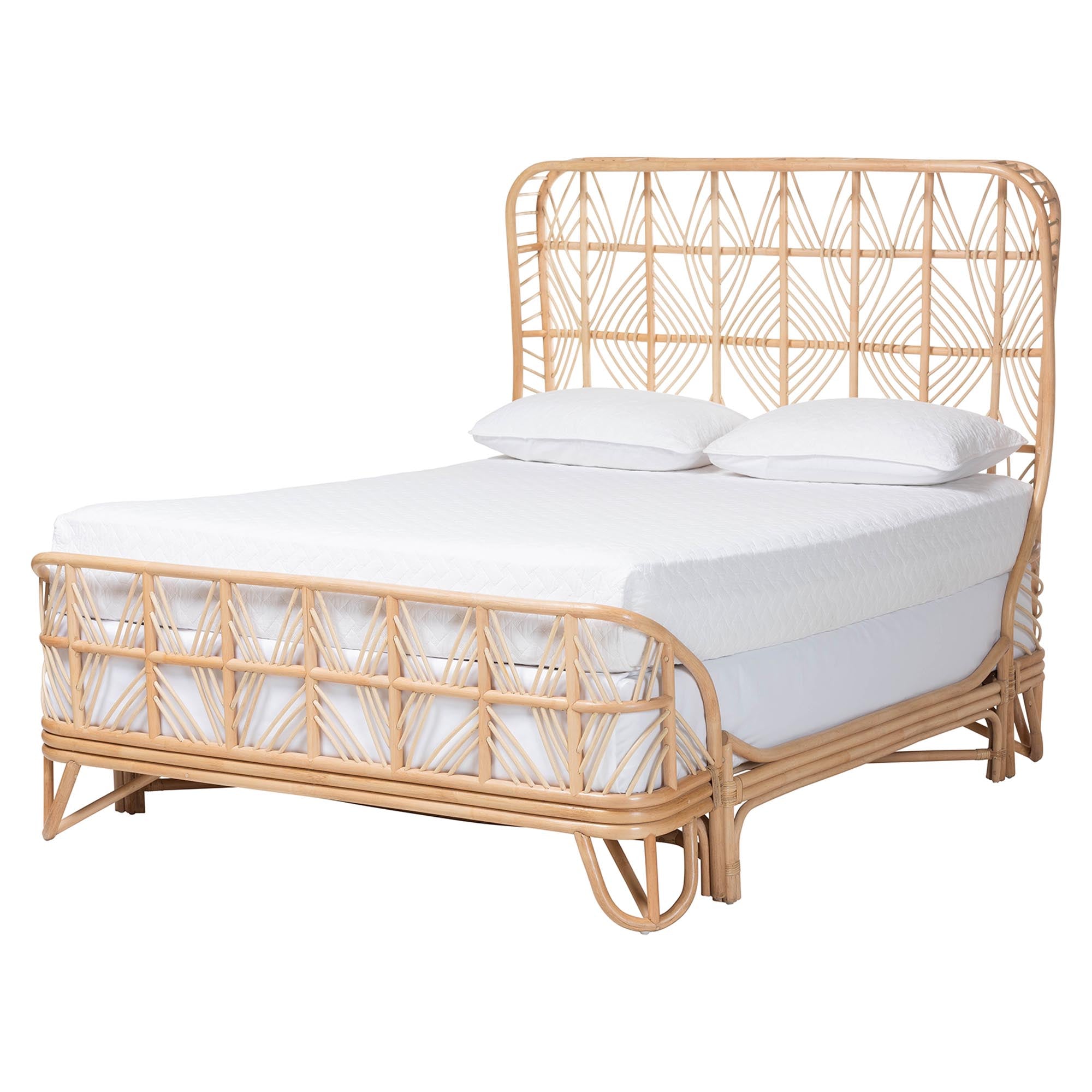bali & pari Hadley Rattan Bed Frame with Openwork Geometry Headboard and Footboard, Tropical Coastal Boho Bedroom Furniture,