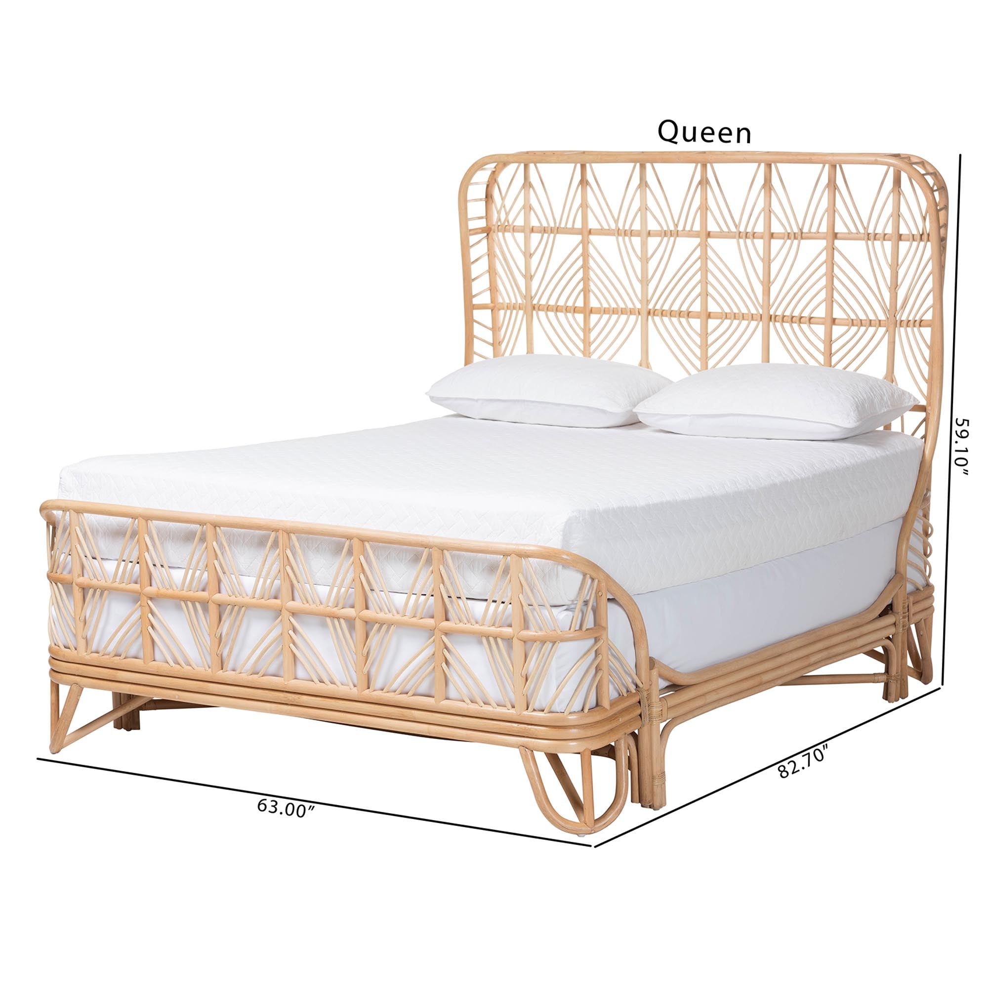 bali & pari Hadley Rattan Bed Frame with Openwork Geometry Headboard and Footboard, Tropical Coastal Boho Bedroom Furniture,