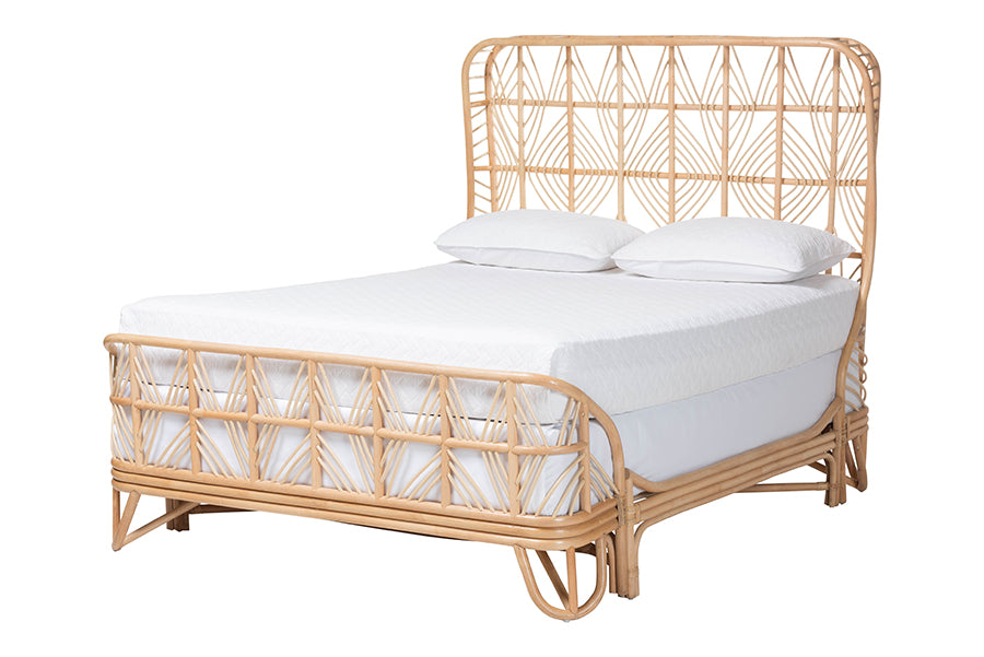 bali & pari Hadley Rattan Bed Frame with Openwork Geometry Headboard and Footboard, Tropical Coastal Boho Bedroom Furniture,