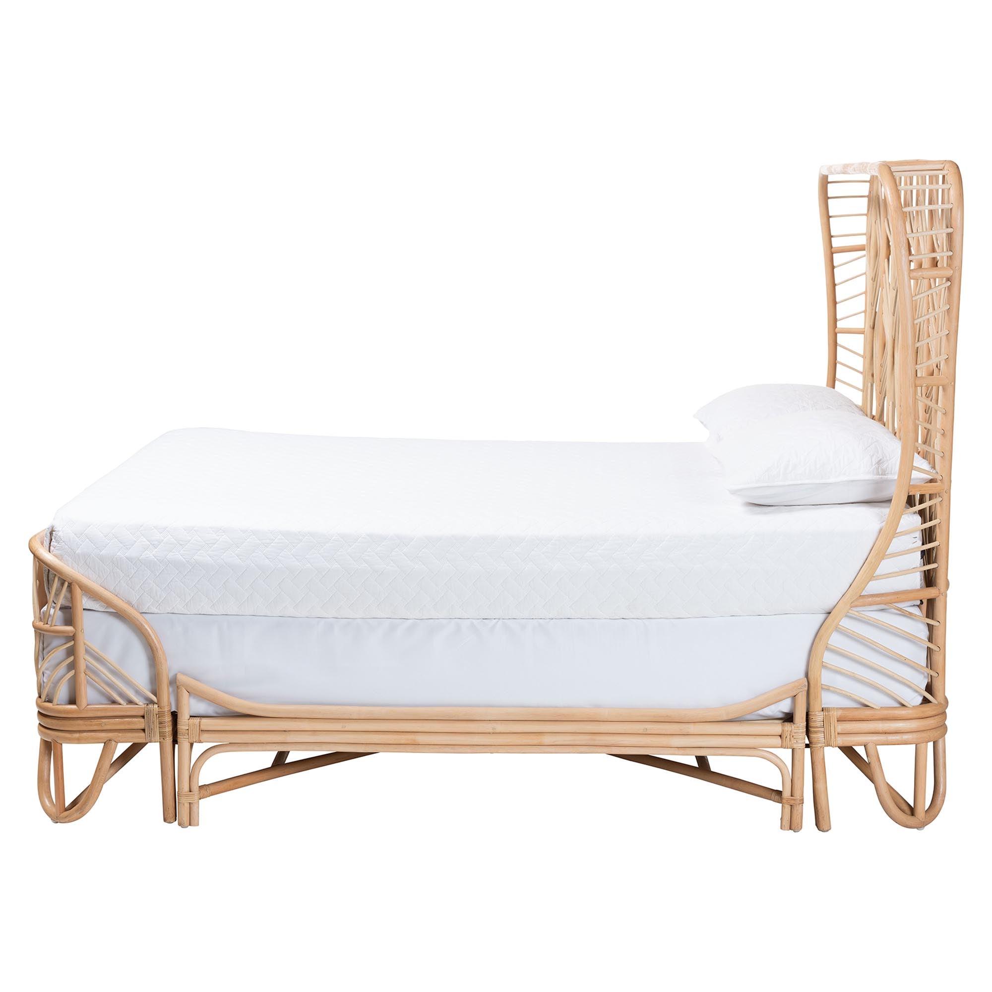 bali & pari Hadley Rattan Bed Frame with Openwork Geometry Headboard and Footboard, Tropical Coastal Boho Bedroom Furniture,