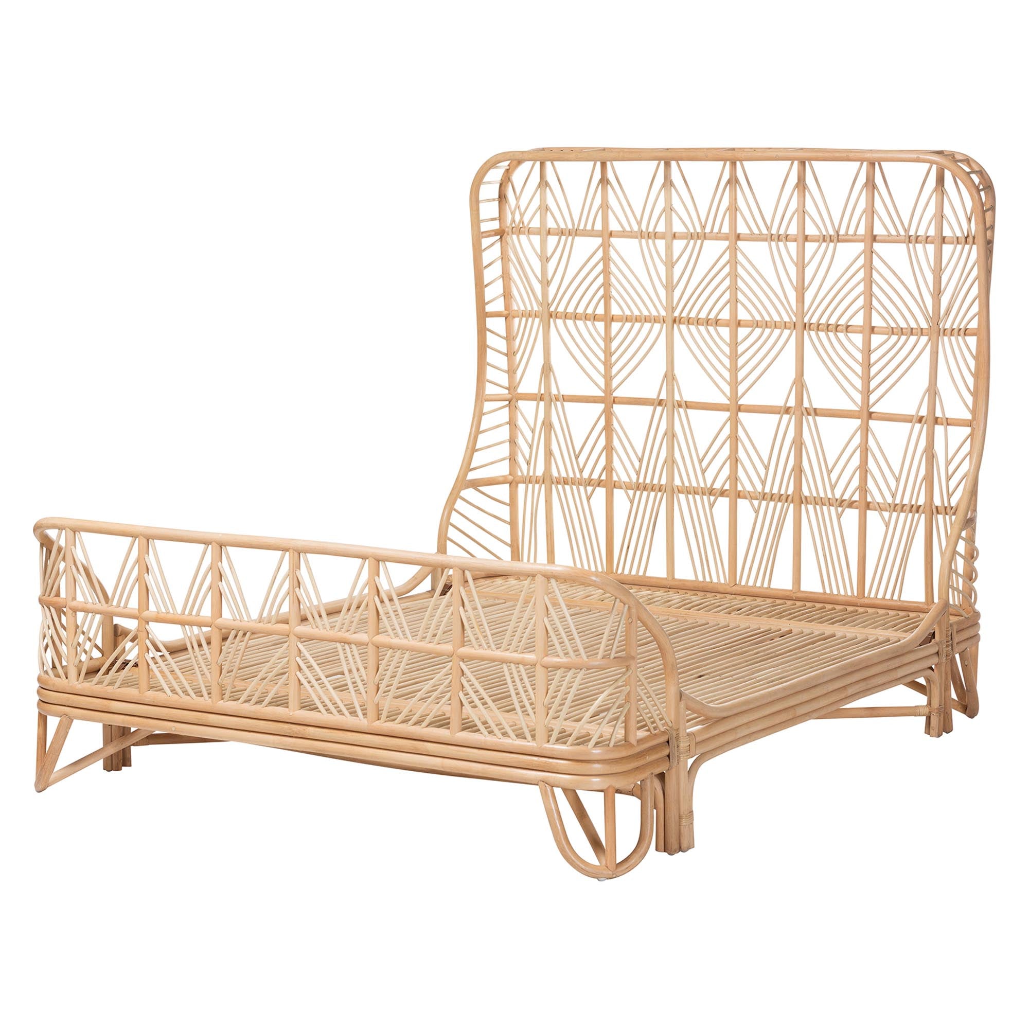 bali & pari Hadley Rattan Bed Frame with Openwork Geometry Headboard and Footboard, Tropical Coastal Boho Bedroom Furniture,