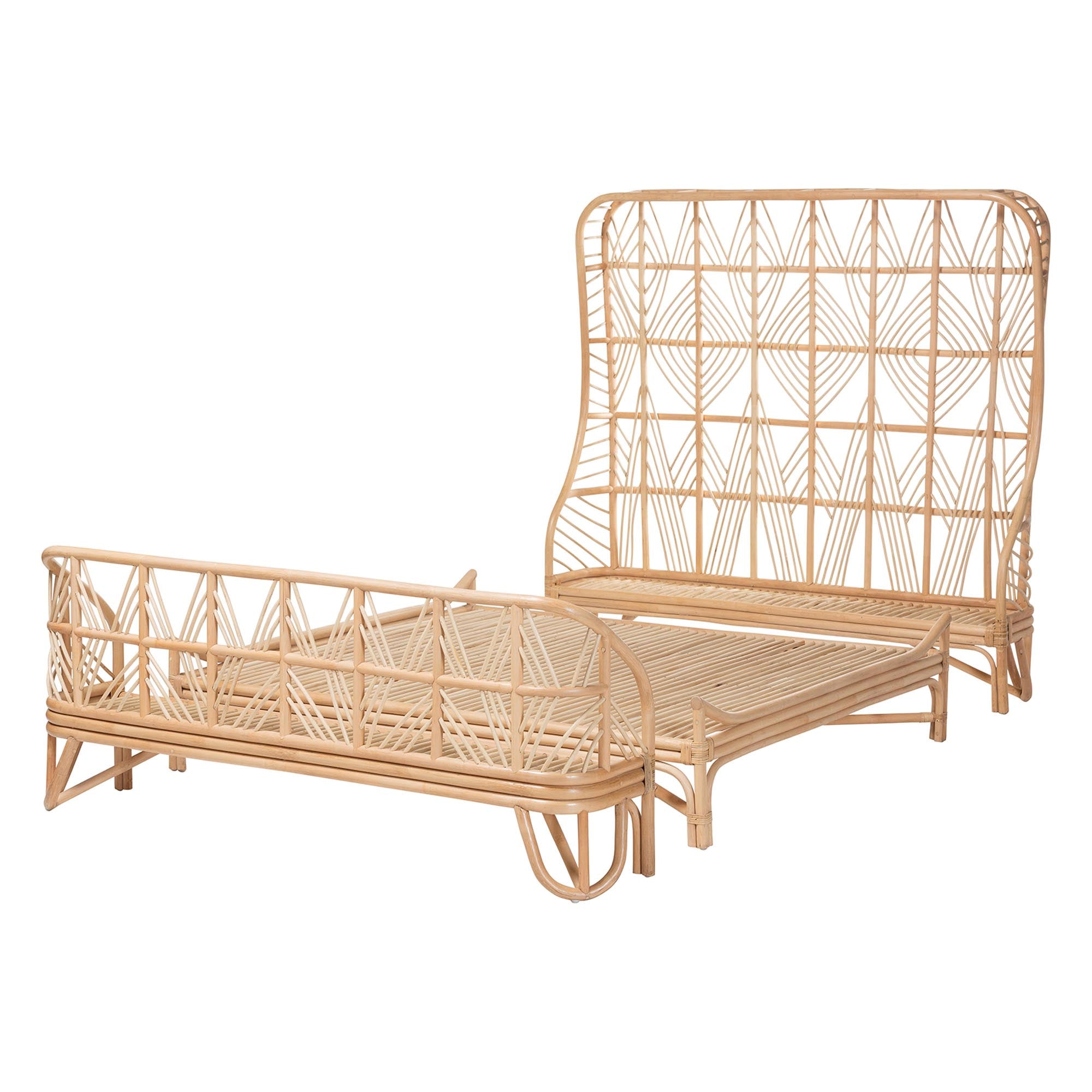 bali & pari Hadley Rattan Bed Frame with Openwork Geometry Headboard and Footboard, Tropical Coastal Boho Bedroom Furniture,