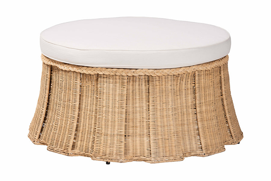 bali & pari Ying Round Rattan Ottoman with Cushion - Handwoven Wicker Pleated Skirt Accent Coffee Table or Extra Seating for Living Room or Sunroom, Large