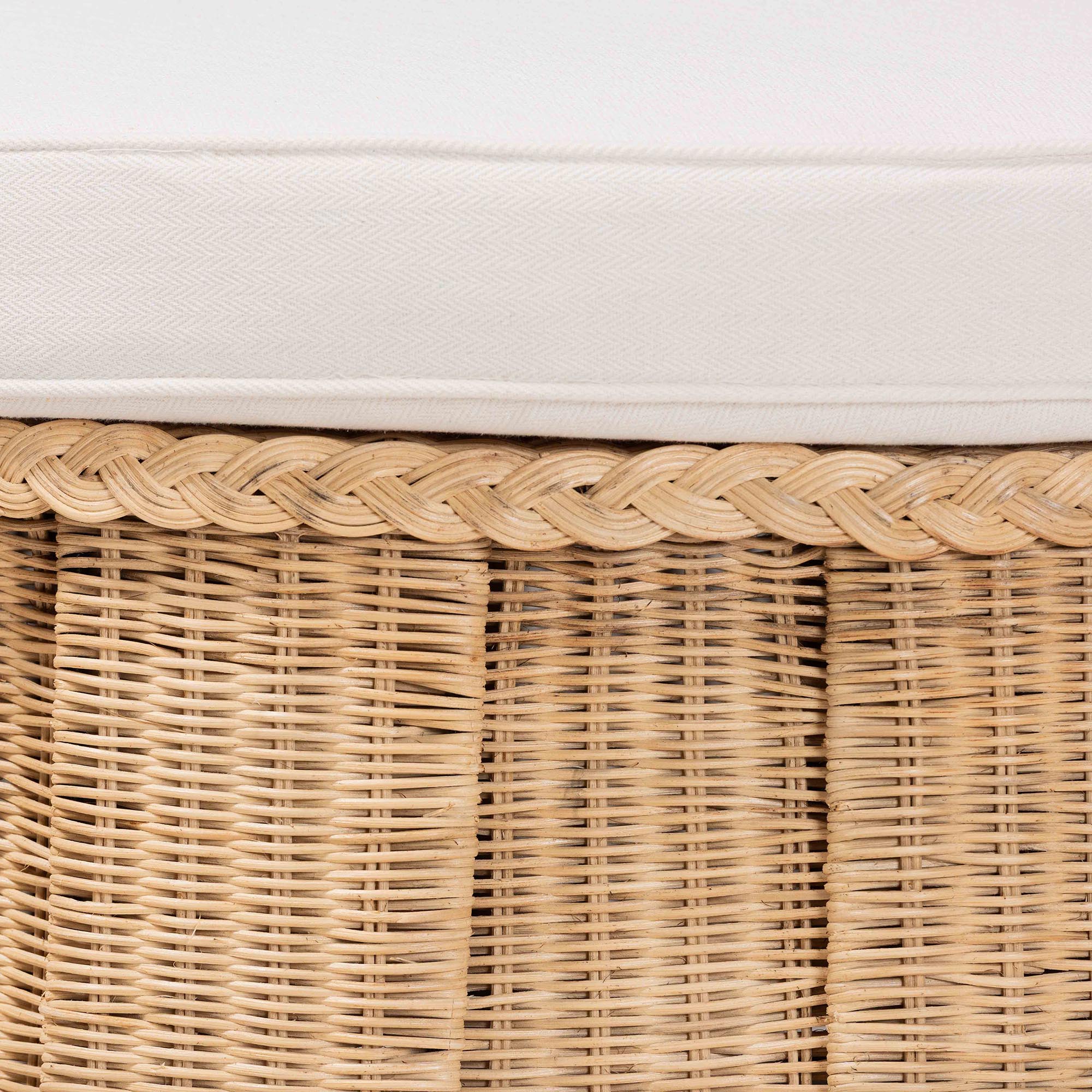 bali & pari Ying Round Rattan Ottoman with Cushion - Handwoven Wicker Pleated Skirt Accent Coffee Table or Extra Seating for Living Room or Sunroom, Large