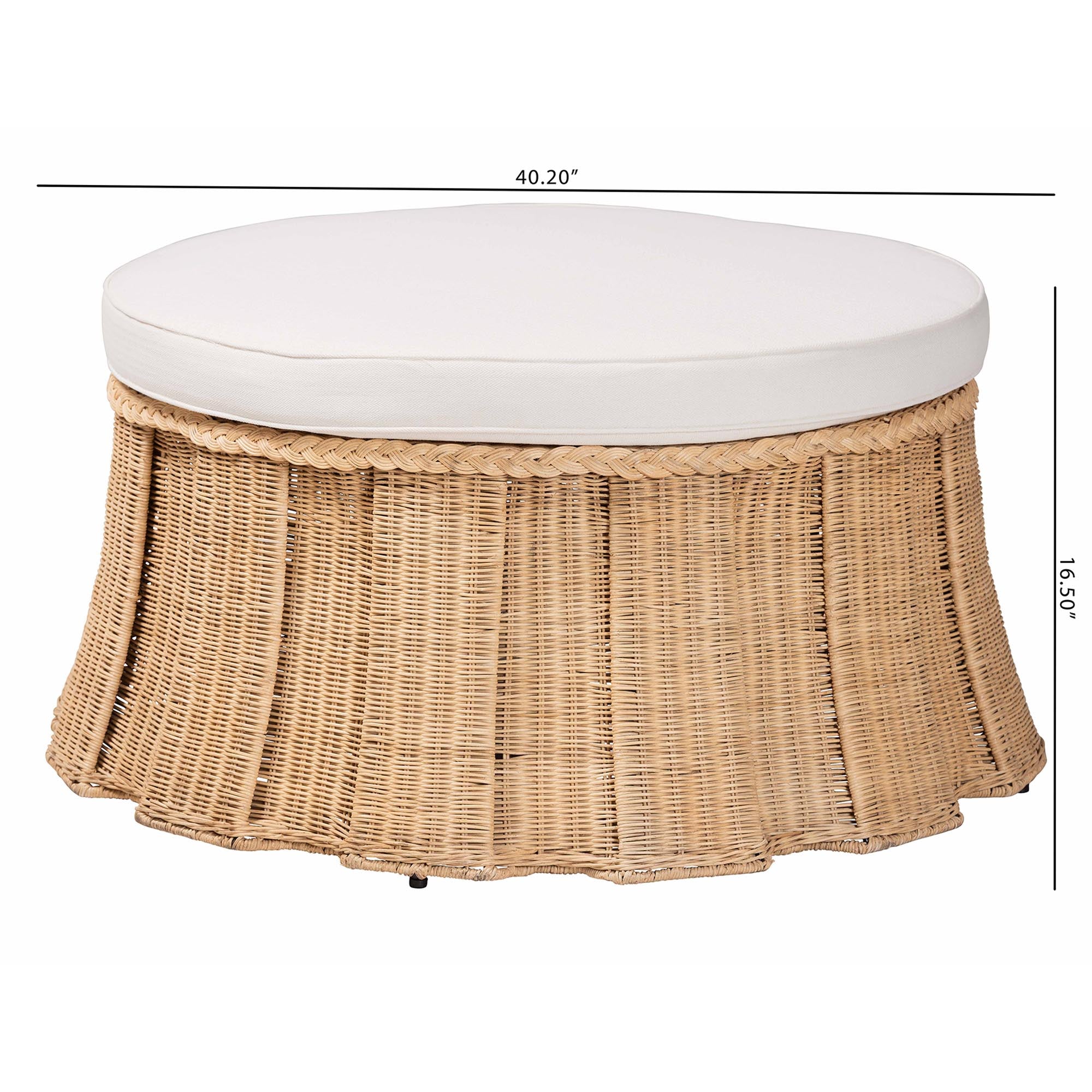 bali & pari Ying Round Rattan Ottoman with Cushion - Handwoven Wicker Pleated Skirt Accent Coffee Table or Extra Seating for Living Room or Sunroom, Large