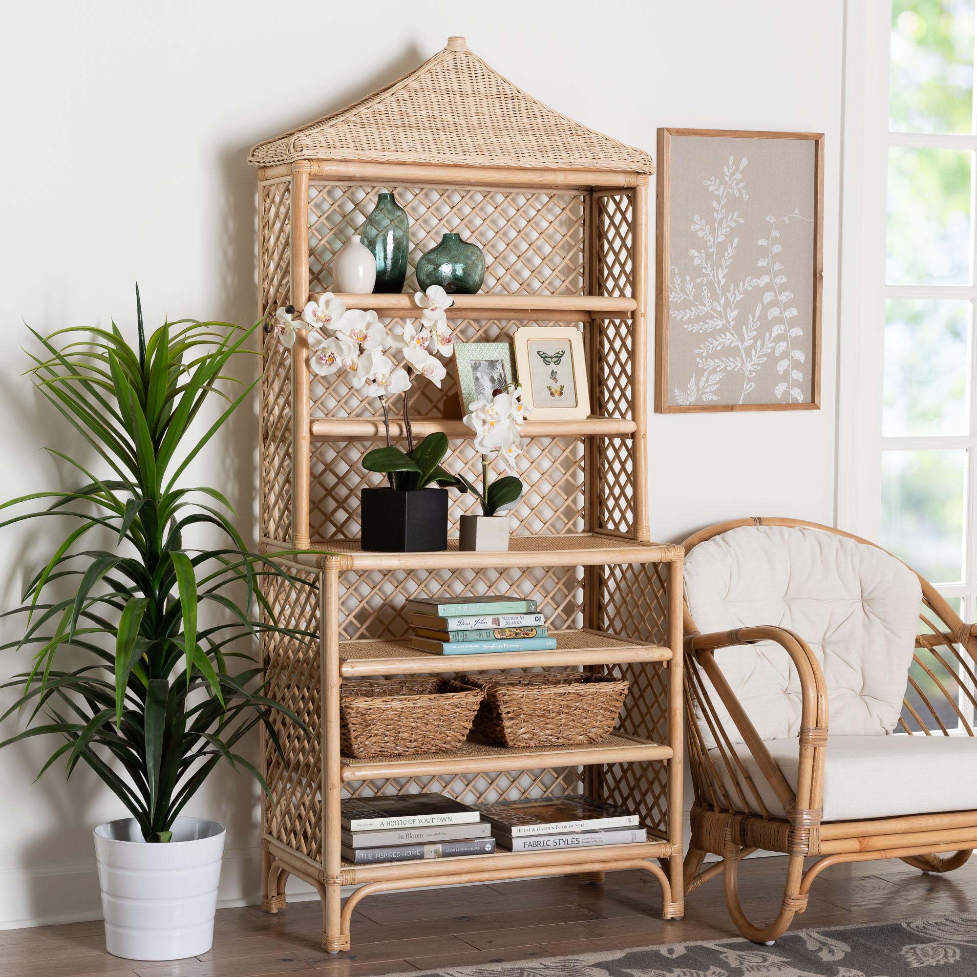 bali & pari Adonis Rattan Display Shelf - Freestanding 6-Tier bookcase with Pagoda Top, Coastal Boho Storage Organizer