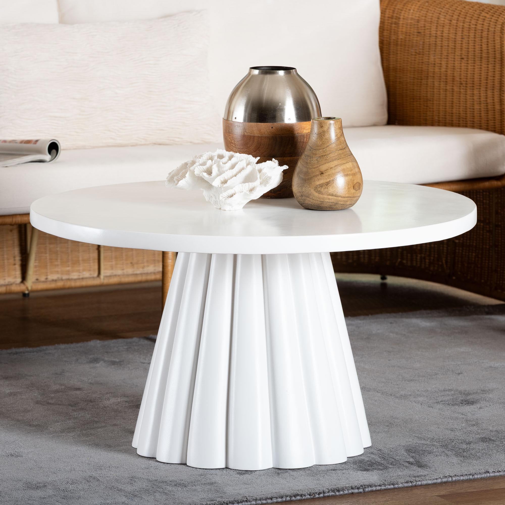 bali & pari Parvana Round Coffee Table with Fluted Pedestal Base - Contemporary Resin Accent Table for Living Room