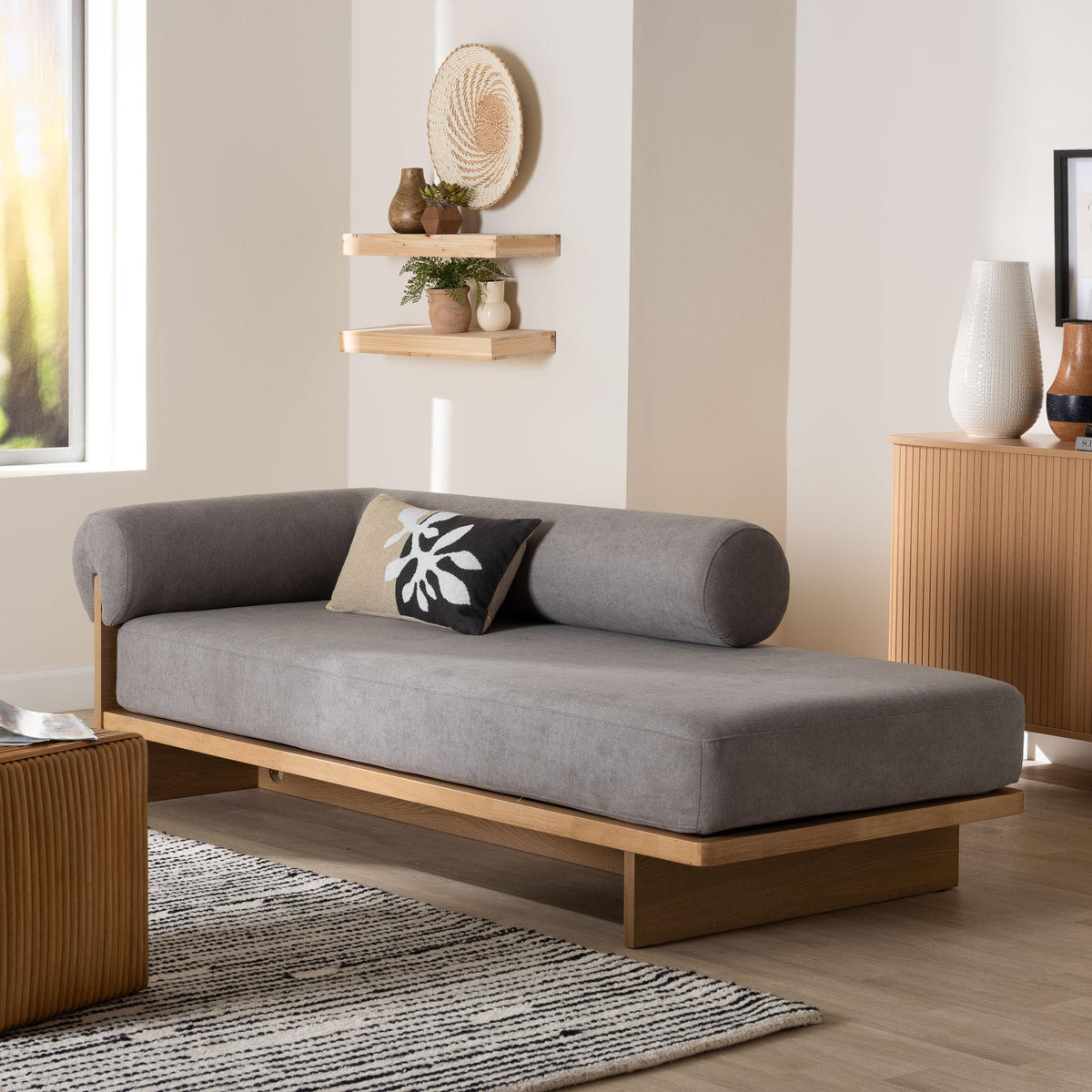 Bertille Left-Arm Chaise Lounge with Solid Wood Base Minimalist Sofa Daybed