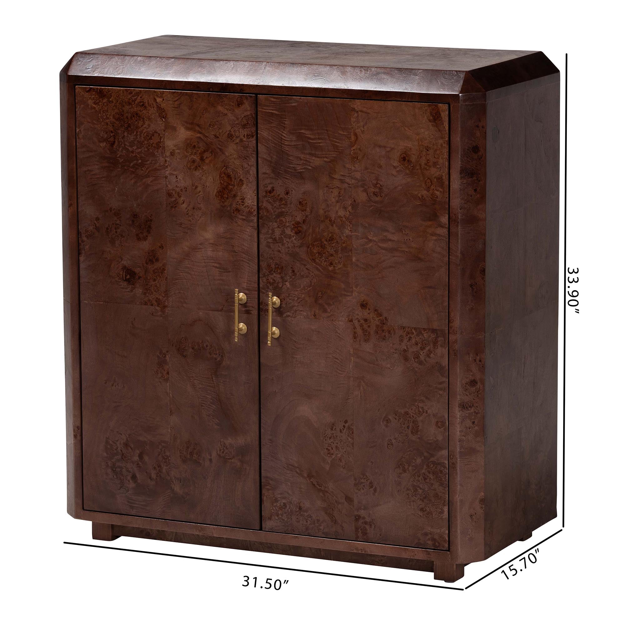 bali & pari Valora Real Burl Wood Storage Cabinet in Dark - Modern Accent Cupboard with Double Doors and Brass Handles, Elegant Sideboard for Living Room, Entryway or Dining Area