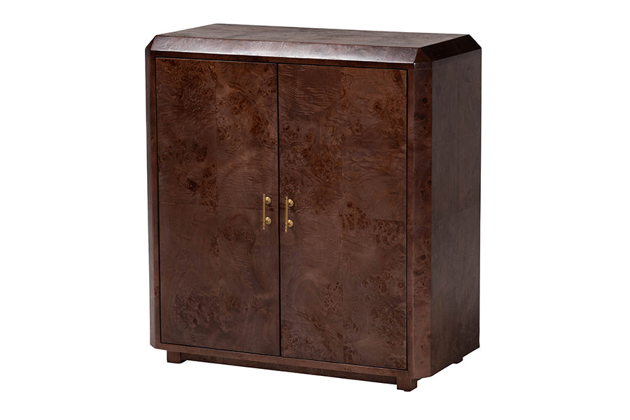 bali & pari Valora Real Burl Wood Storage Cabinet in Dark - Modern Accent Cupboard with Double Doors and Brass Handles, Elegant Sideboard for Living Room, Entryway or Dining Area