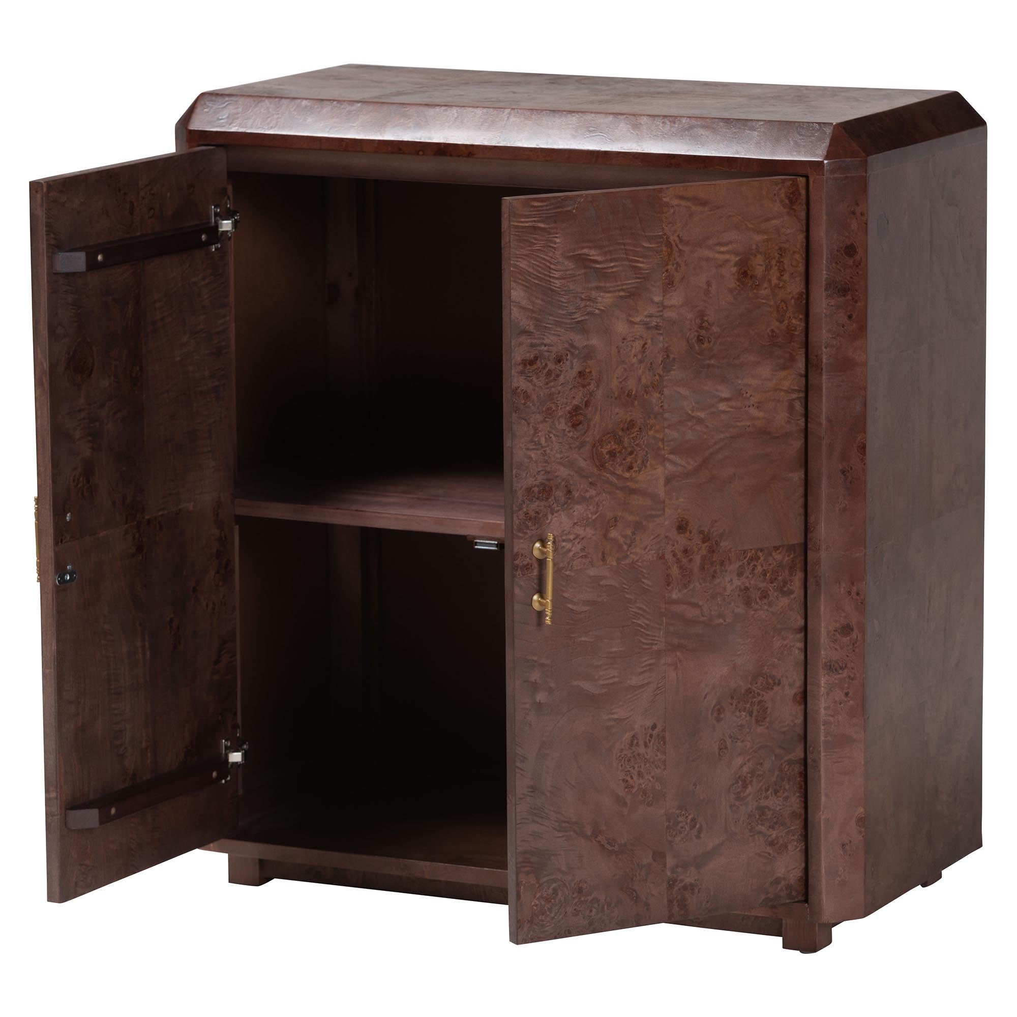 bali & pari Valora Real Burl Wood Storage Cabinet in Dark - Modern Accent Cupboard with Double Doors and Brass Handles, Elegant Sideboard for Living Room, Entryway or Dining Area