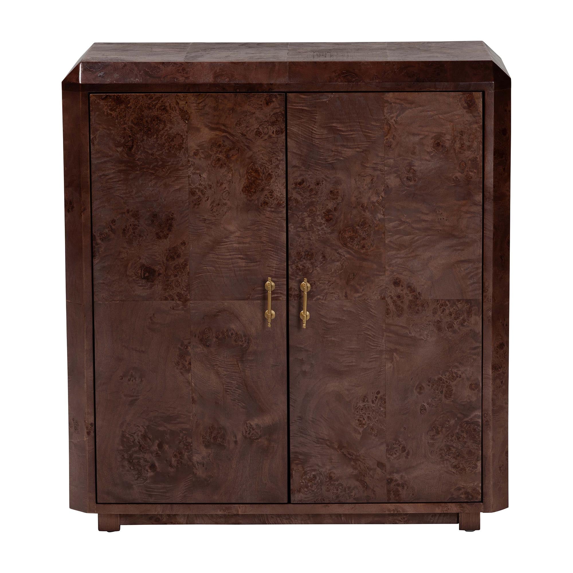 bali & pari Valora Real Burl Wood Storage Cabinet in Dark - Modern Accent Cupboard with Double Doors and Brass Handles, Elegant Sideboard for Living Room, Entryway or Dining Area