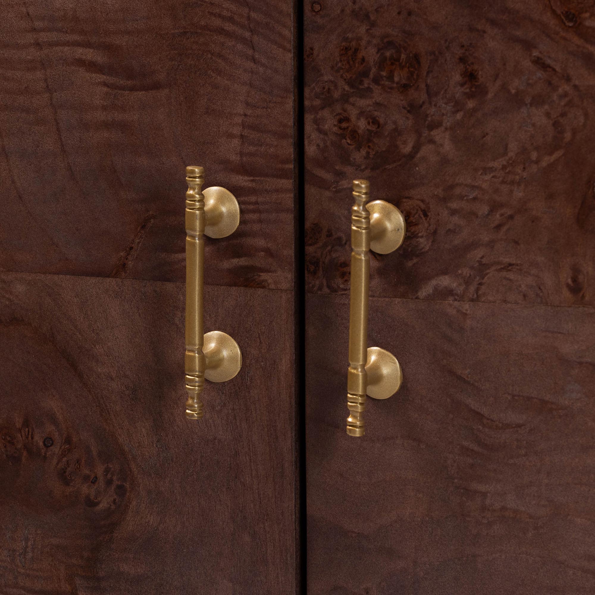 bali & pari Valora Real Burl Wood Storage Cabinet in Dark - Modern Accent Cupboard with Double Doors and Brass Handles, Elegant Sideboard for Living Room, Entryway or Dining Area