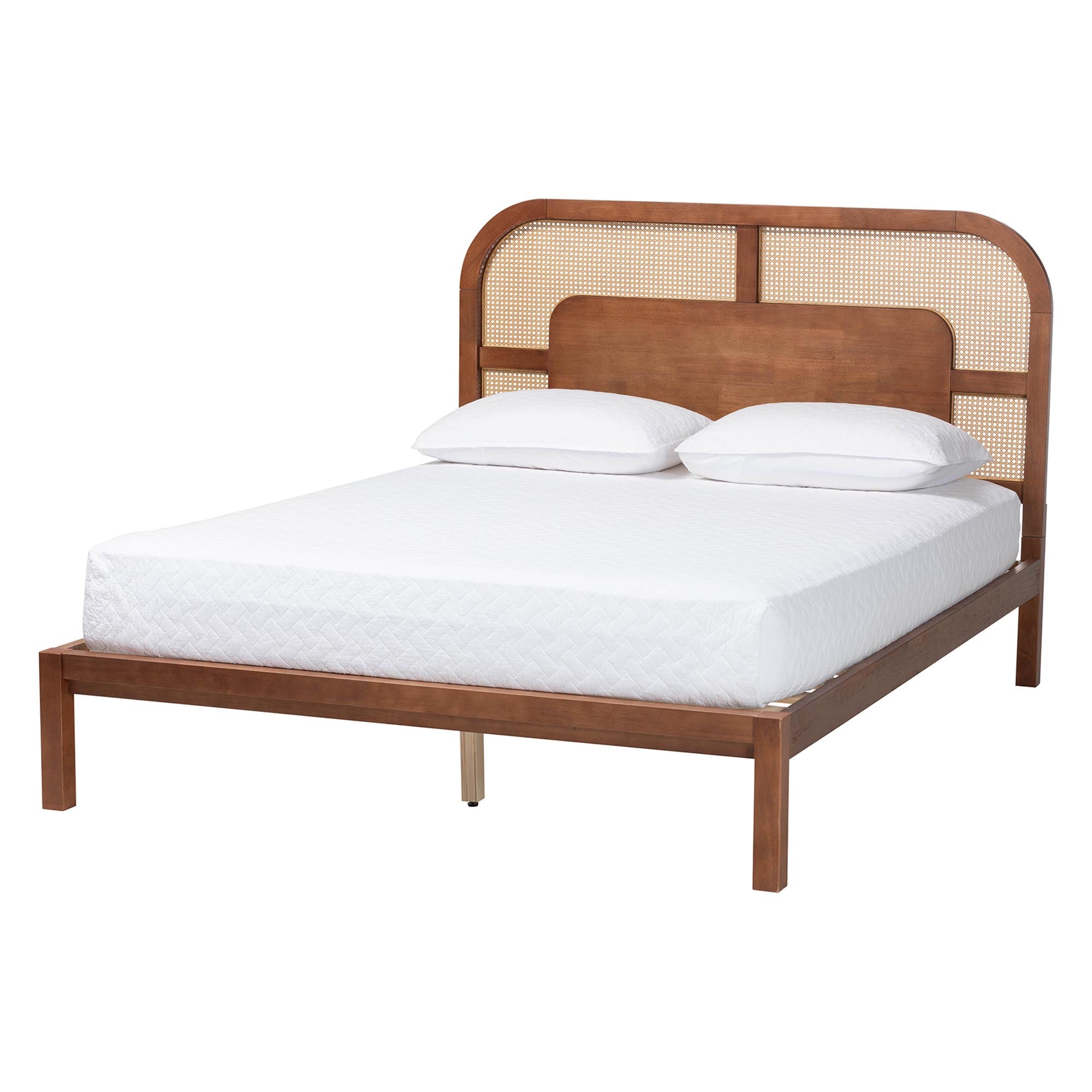 Raewyn Wood Platform Bed - Low Profile Bed Frame with Decorative Rattan Weave Inlay and Rounded Headboard,