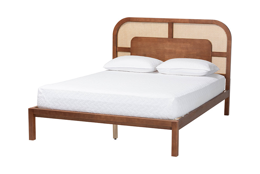 Raewyn Wood Platform Bed - Low Profile Bed Frame with Decorative Rattan Weave Inlay and Rounded Headboard,