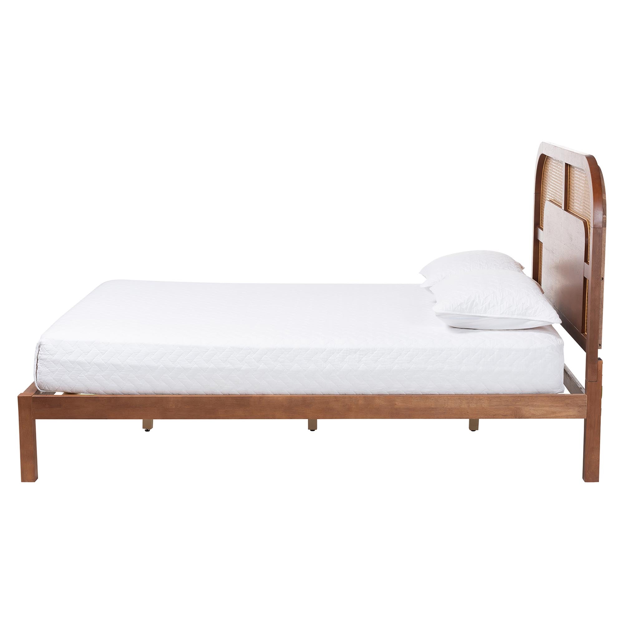 Raewyn Wood Platform Bed - Low Profile Bed Frame with Decorative Rattan Weave Inlay and Rounded Headboard,
