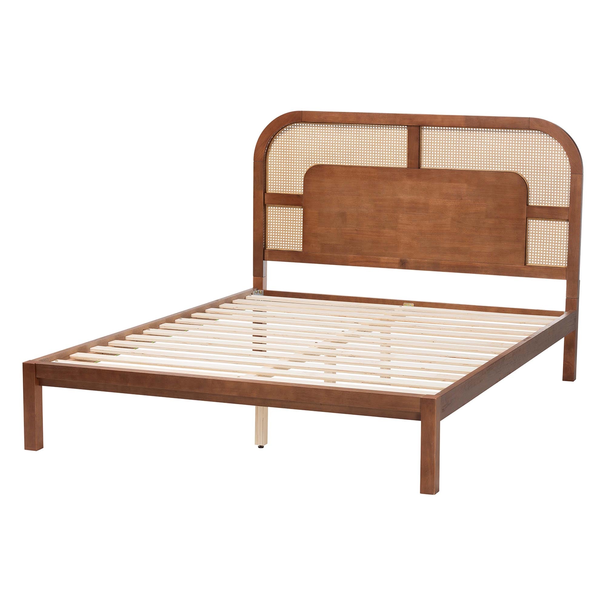 Raewyn Wood Platform Bed - Low Profile Bed Frame with Decorative Rattan Weave Inlay and Rounded Headboard,