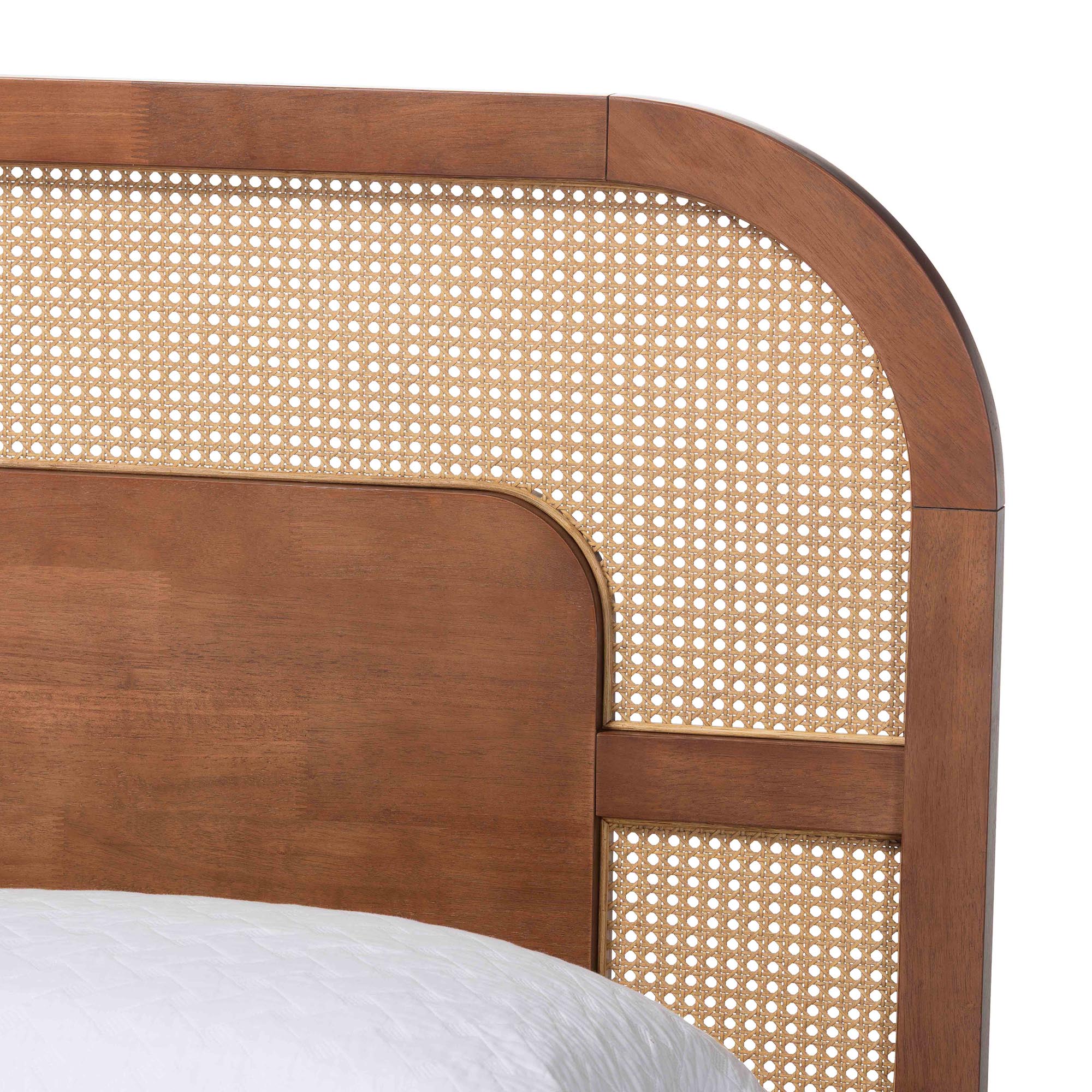 Raewyn Wood Platform Bed - Low Profile Bed Frame with Decorative Rattan Weave Inlay and Rounded Headboard,