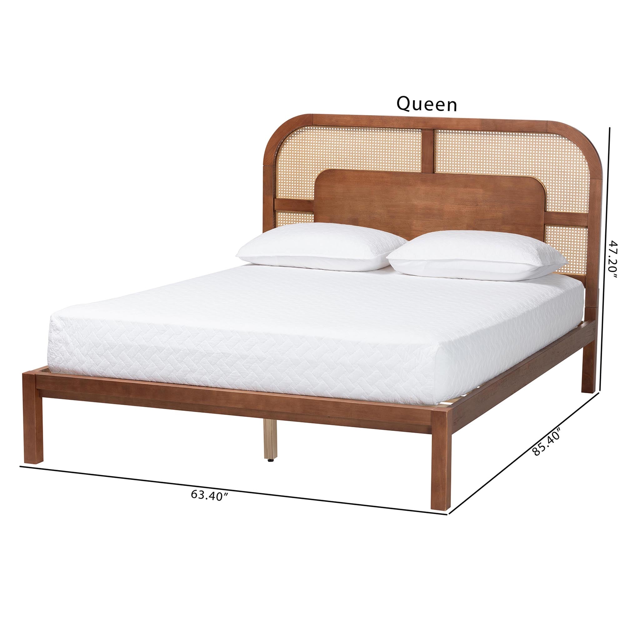 Raewyn Wood Platform Bed - Low Profile Bed Frame with Decorative Rattan Weave Inlay and Rounded Headboard,