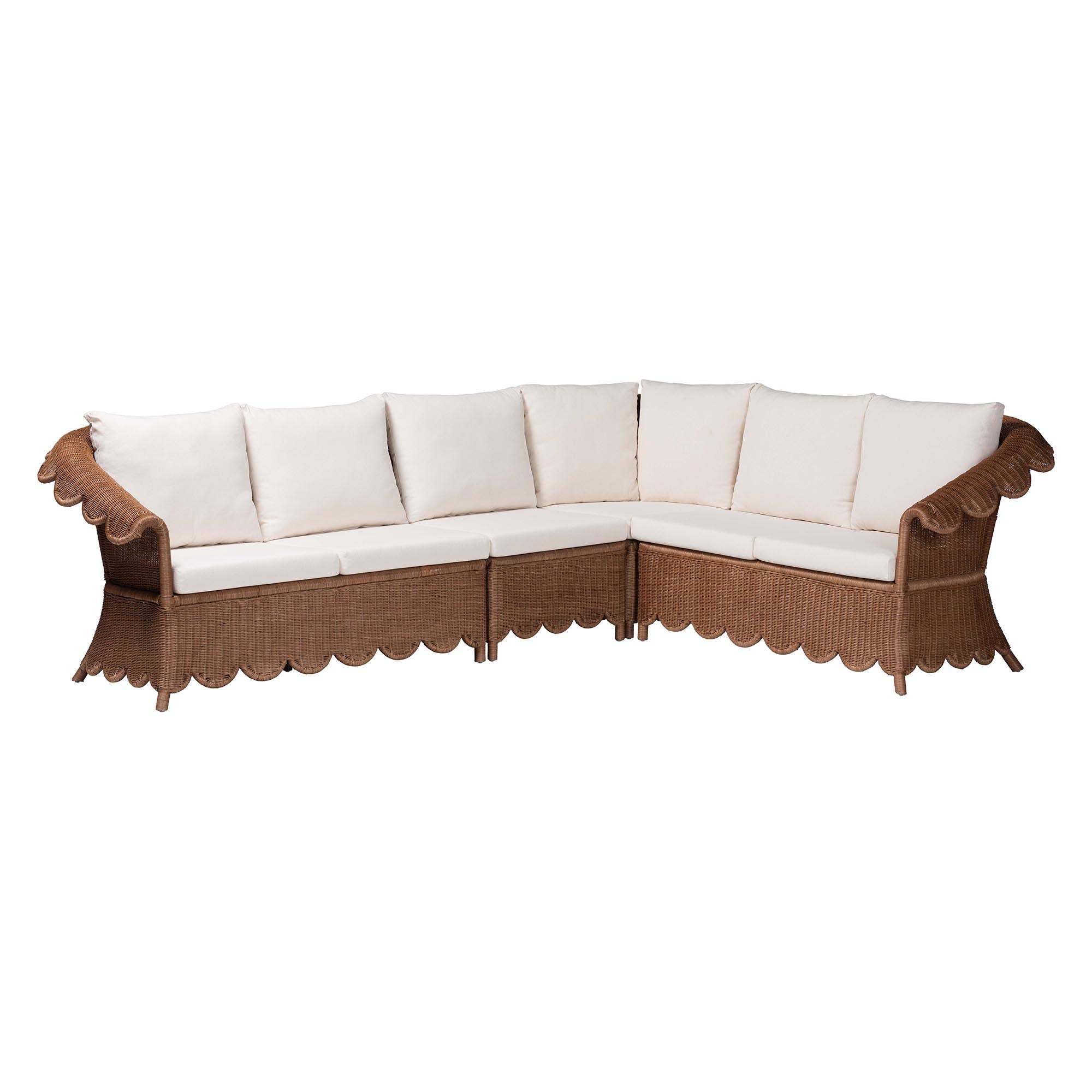 Bali & Pari Detta Rattan 4-Piece Sectional Set Handwoven Wicker Corner Lounge Seating with Scalloped Skirt Base and Rolled Arms, Boho Coastal Style for Sunroom or Living Room