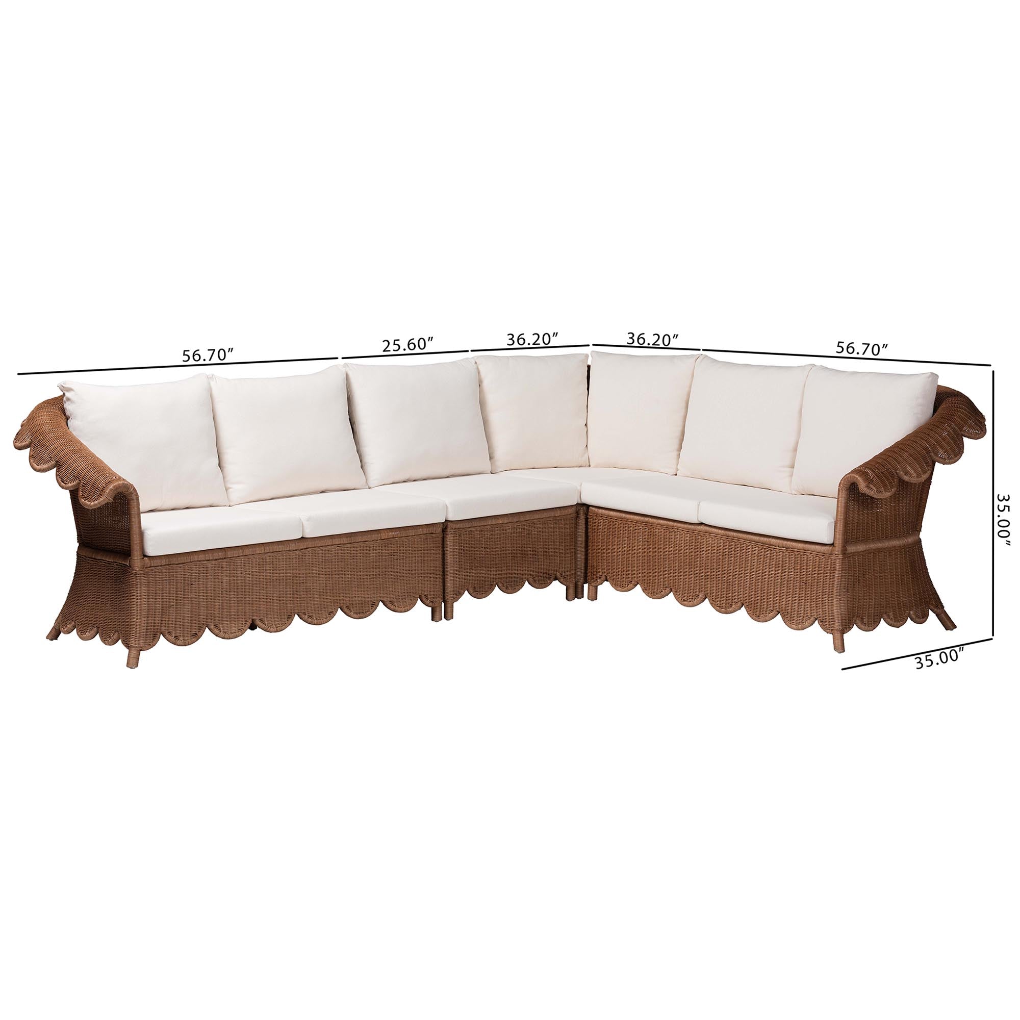 Bali & Pari Detta Rattan 4-Piece Sectional Set Handwoven Wicker Corner Lounge Seating with Scalloped Skirt Base and Rolled Arms, Boho Coastal Style for Sunroom or Living Room