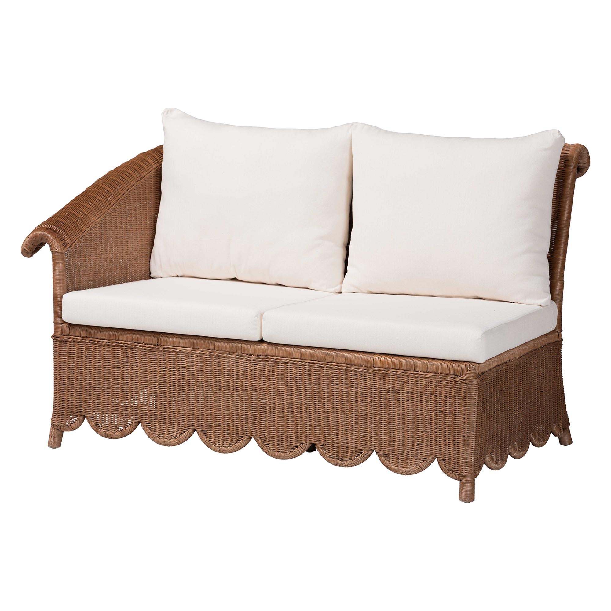 Bali & Pari Detta Rattan 4-Piece Sectional Set Handwoven Wicker Corner Lounge Seating with Scalloped Skirt Base and Rolled Arms, Boho Coastal Style for Sunroom or Living Room