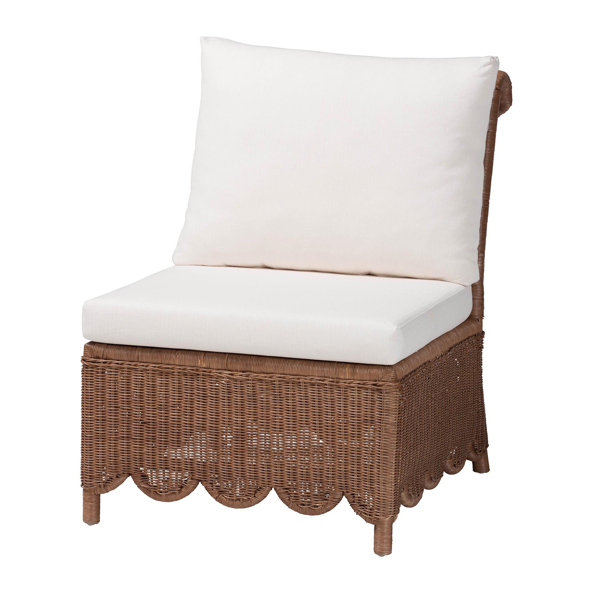 Bali & Pari Detta Rattan 4-Piece Sectional Set Handwoven Wicker Corner Lounge Seating with Scalloped Skirt Base and Rolled Arms, Boho Coastal Style for Sunroom or Living Room