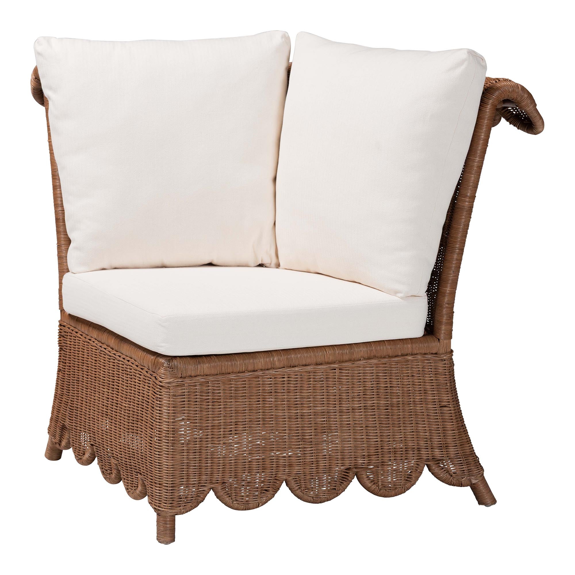 Bali & Pari Detta Rattan 4-Piece Sectional Set Handwoven Wicker Corner Lounge Seating with Scalloped Skirt Base and Rolled Arms, Boho Coastal Style for Sunroom or Living Room