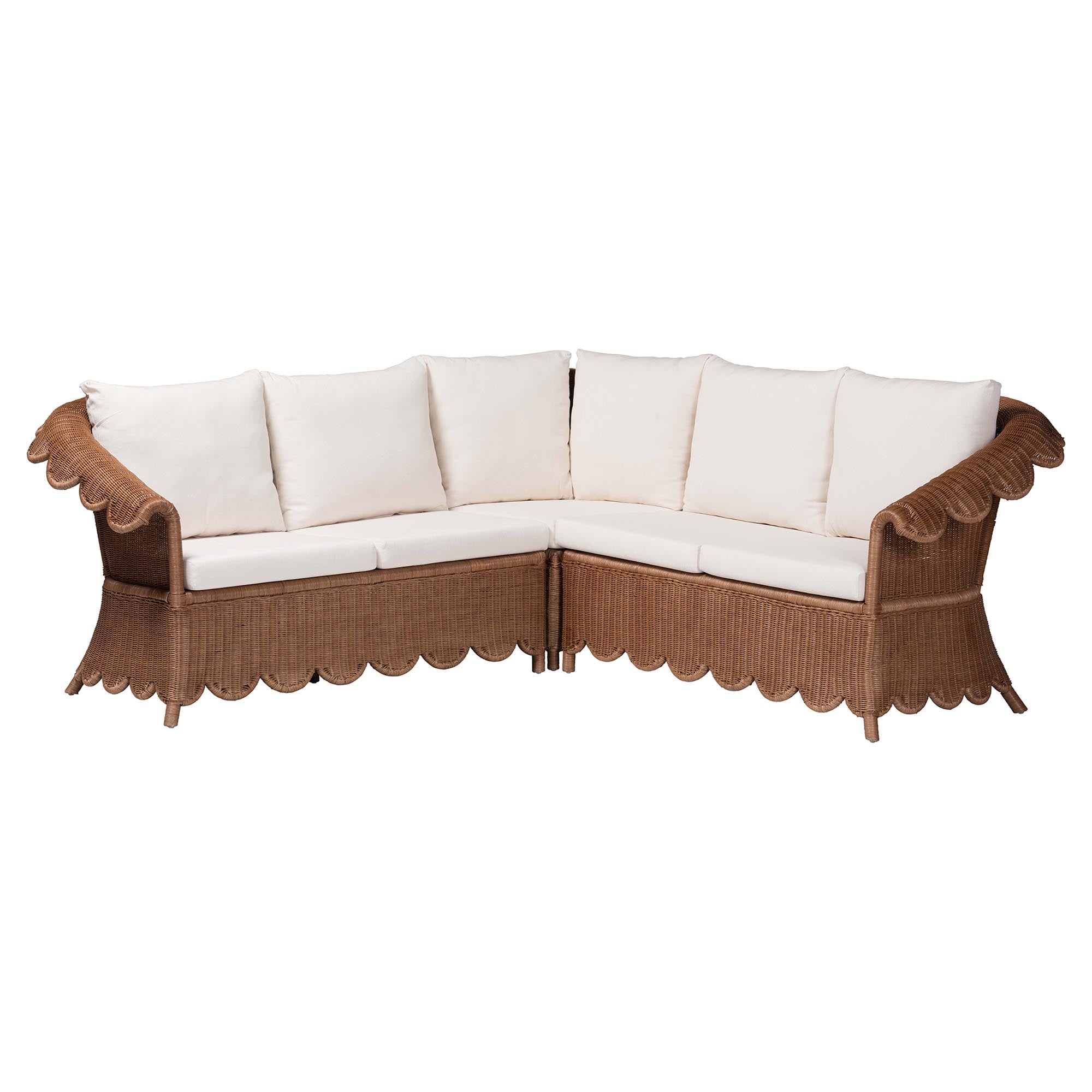 Bali & Pari Detta Rattan 3-Piece Sectional Set Handwoven Wicker Corner Lounge Seating with Scalloped Skirt Base and Rolled Arms, Boho Coastal Style for Sunroom or Living Room