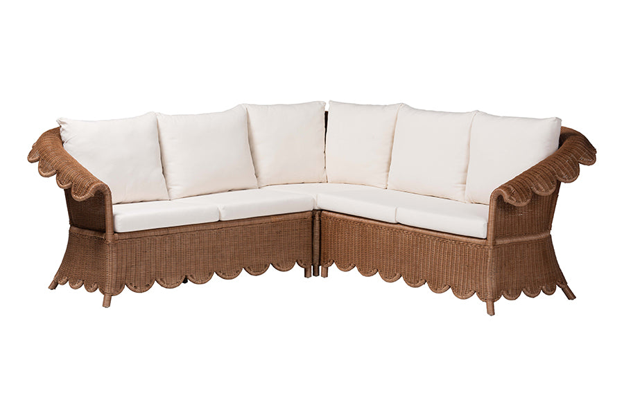 Bali & Pari Detta Rattan 3-Piece Sectional Set Handwoven Wicker Corner Lounge Seating with Scalloped Skirt Base and Rolled Arms, Boho Coastal Style for Sunroom or Living Room