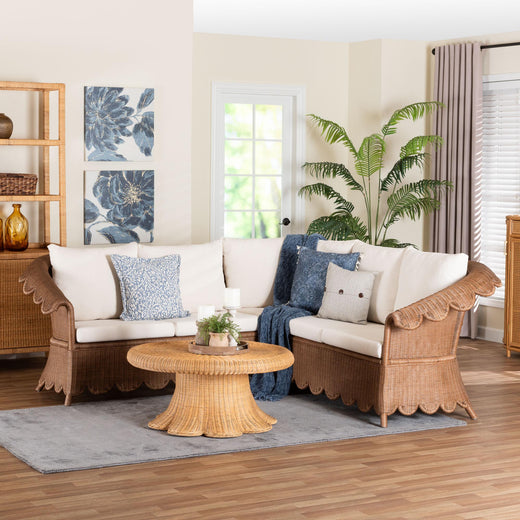 Bali & Pari Detta Rattan 3-Piece Sectional Set Handwoven Wicker Corner Lounge Seating with Scalloped Skirt Base and Rolled Arms, Boho Coastal Style for Sunroom or Living Room