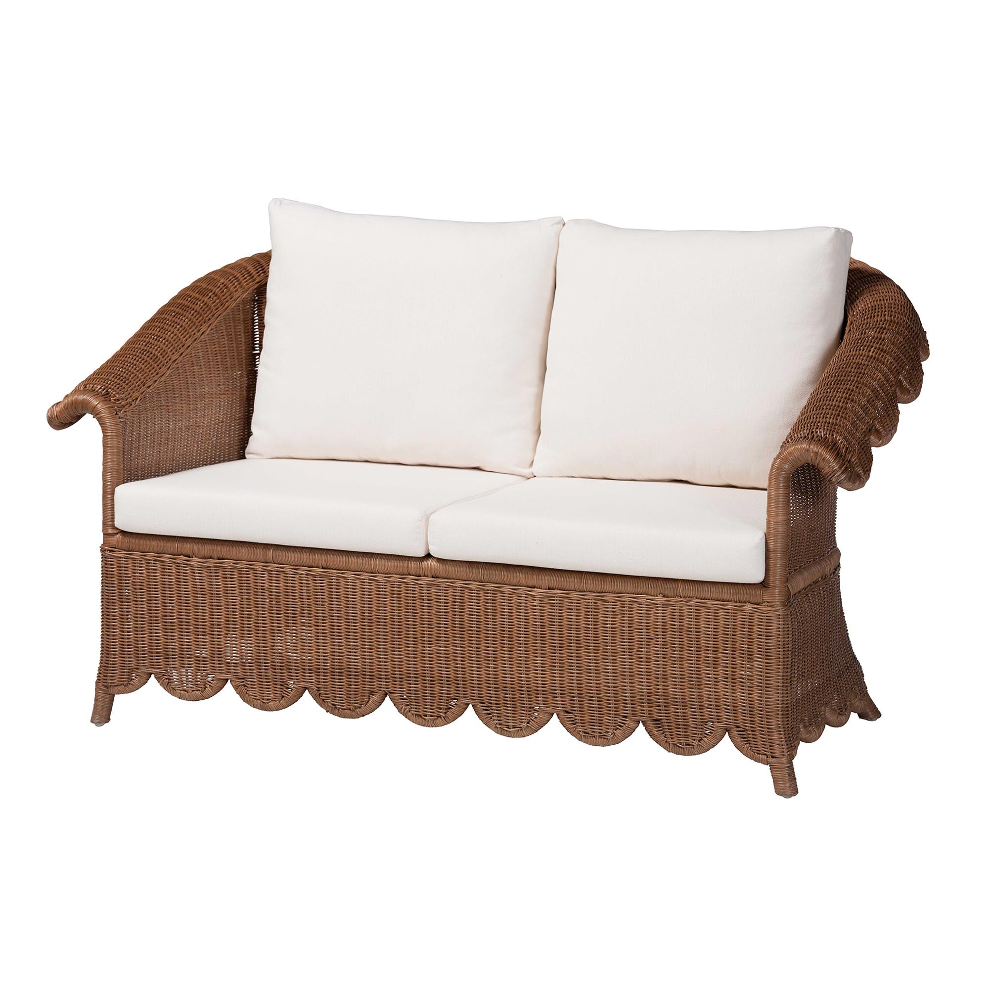 Bali & Pari Detta Rattan Loveseat with Cushion Handwoven Wicker Settee with Rolled Arms and Scalloped Skirt Base, Boho Coastal Style for Sunroom or Lounge